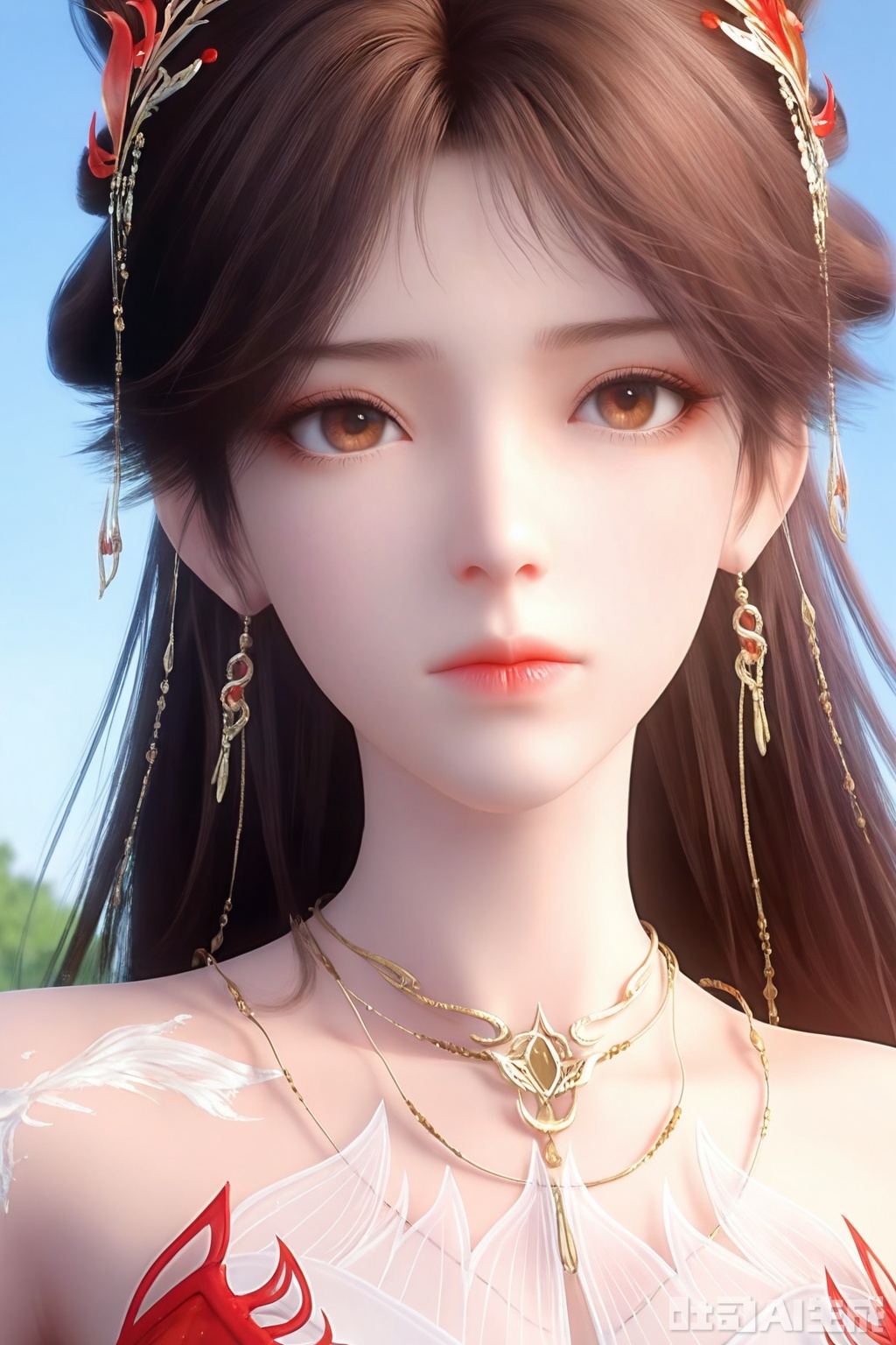 1girl, solo, long hair, looking at viewer, brown hair, hair ornament, dress, bare shoulders, brown eyes, jewelry, closed mouth, upper body, earrings, necklace, portrait,blue sky, red dress
masterpiece, best quality, amazing quality, very aesthetic, high resolution, ultra-detailed, 3D,CG