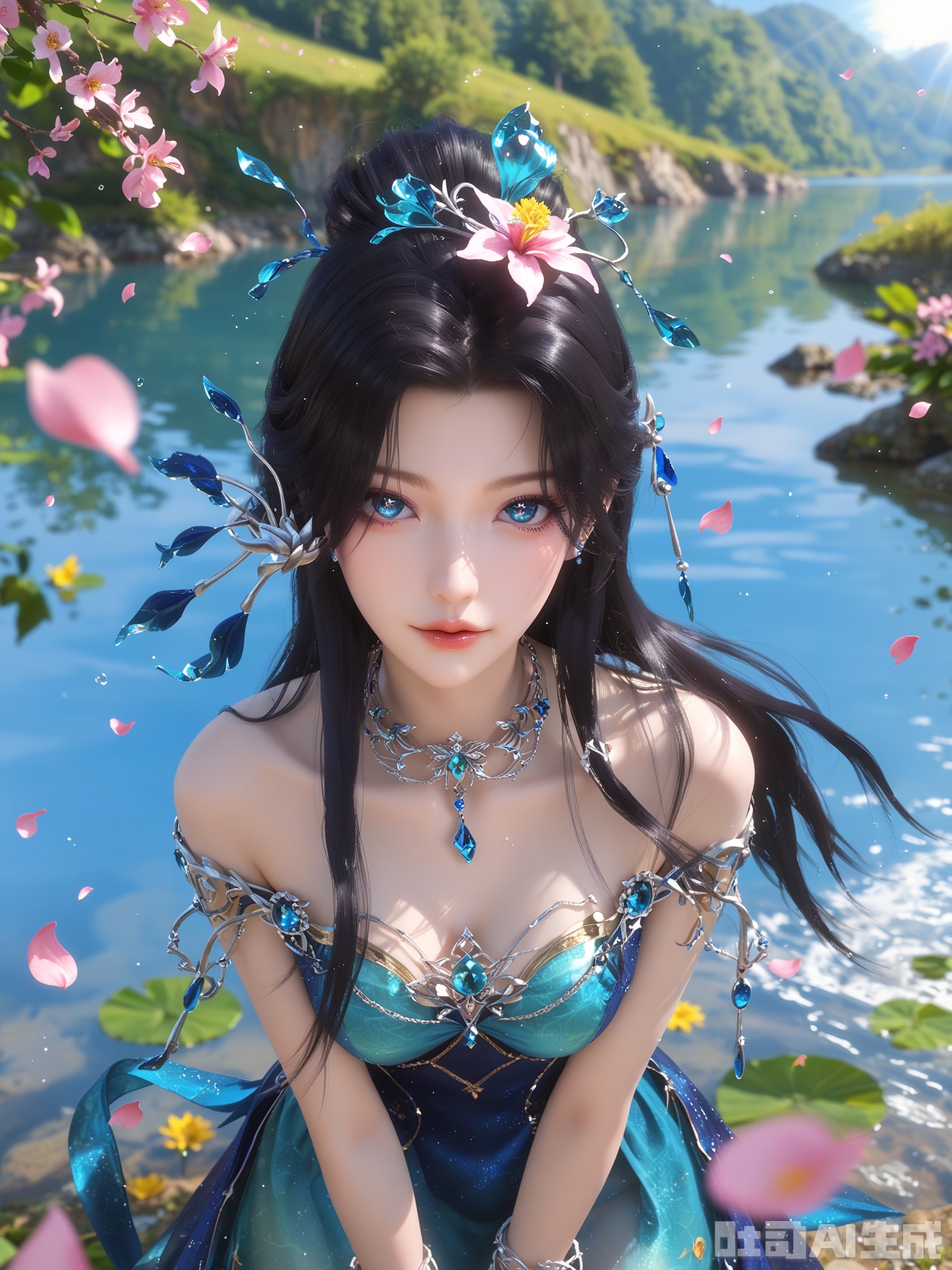 score_9,score_8_up,score_7_up,1girl,looking_at_viewer,realistic,1girl,Vivid Colors,bright environment,sunshine,god light,lake,delicate water surface,hair_ornament,shiny skin,shiny hair,reflection,(wariza:1.2),blue dress,jewelery,flower sea,falling petals,extreme detail description,bright sunlight,bright_pupils,frontal lighting,(upper body:1),blue eyes,lens flare,anklet,aqua nails,black-hair