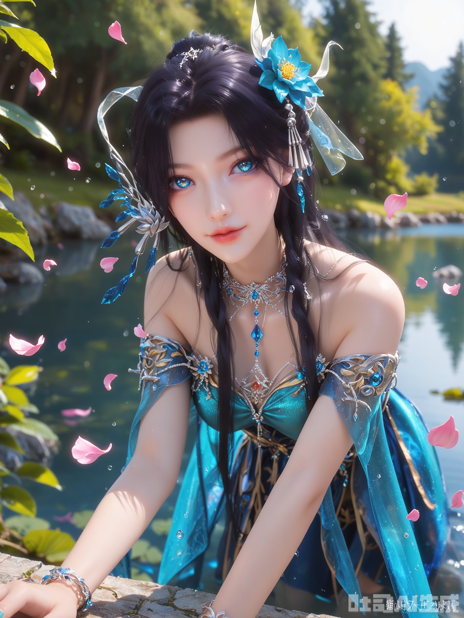 score_9,score_8_up,score_7_up,1girl,looking_at_viewer,realistic,1girl,Vivid Colors,bright environment,sunshine,god light,lake,delicate water surface,hair_ornament,shiny skin,shiny hair,reflection,(wariza:1.2),blue dress,jewelery,flower sea,falling petals,extreme detail description,bright sunlight,bright_pupils,frontal lighting,(upper body:1),blue eyes,lens flare,anklet,aqua nails,black-hair,