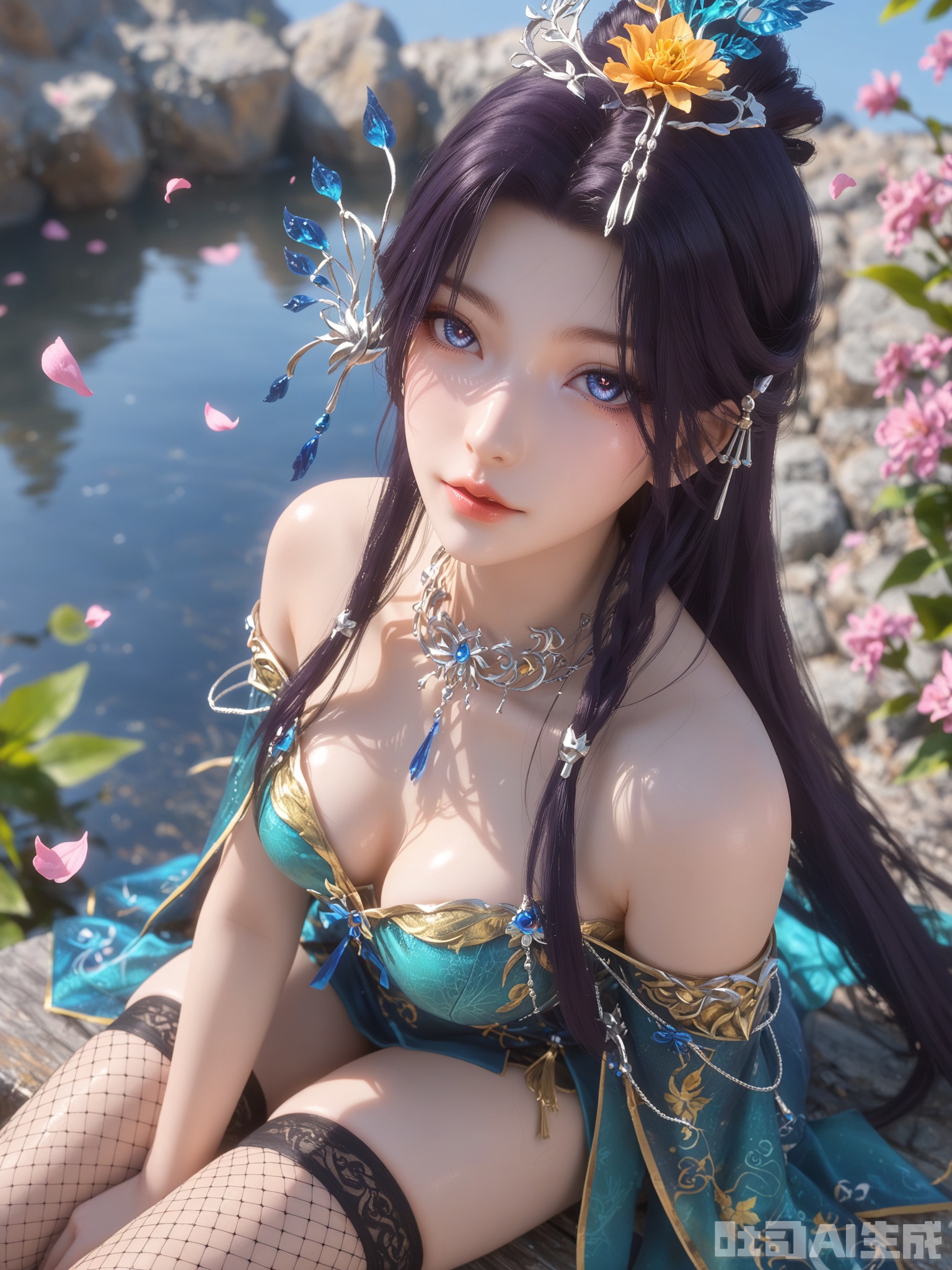 示词score_9,score_8_up,score_7_up,1girl,looking_at_viewer,realistic,1girl,Vivid Colors,bright environment,sunshine,god light,delicate water,hair_ornament,shiny skin,shiny hair,reflection,(wariza:1.2),dress,flower sea,falling petals,extreme detail description,bright sunlight,frontal lighting,(upper body:0.3),put one hand on your chest,hair,long_hair,(skindentation:1.3),Fishnet stockings,hair,sunshine on face,bright_pupils,light_eyes,sitting_down,chinese_clothes,