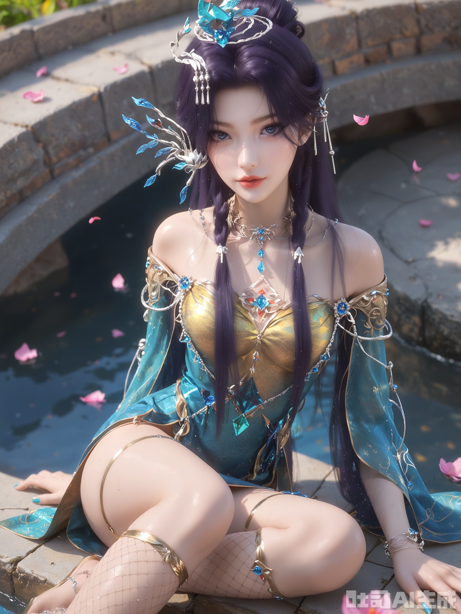 score_9,score_8_up,score_7_up,realistic,photorealistic,1girl,looking_at_viewer,realistic,1girl,Vivid Colors,bright environment,delicate water,hair_ornament,shiny skin,shiny hair,reflection,dress,flower sea,falling petals,extreme detail description,(upper body:0.3),put one hand on your side,long_hair,(skindentation:1.3),Fishnet stockings,bright,sunshine on face,light,sweating,dress,light,sitting_down,glowing,sunshine,bright,reflection,blue eyes,lens flare,anklet,aqua nails,yellow dress,blue dress,head ornaments,necklace,blue gemstone,gem,chinese clothes,water,crown,hair bun,