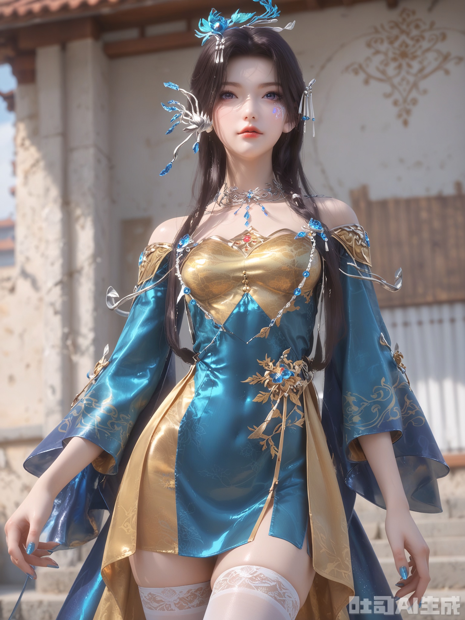 score_9,score_8_up,score_7_up,photorealistic,1girl,looking_at_viewer,dynamic poses,bright environment,delicate water,hair_ornament,jewelry,shiny hair,shiny,reflection,dress,extreme detail description,(upper body:0.3),put one hand on your side,(skindentation:1),bright,sunshine on face,light,glowing,sunshine,white thighhighs,yellow dress,blue dress,chinese_clothes,non-silk Pibo,chinese-style stole,