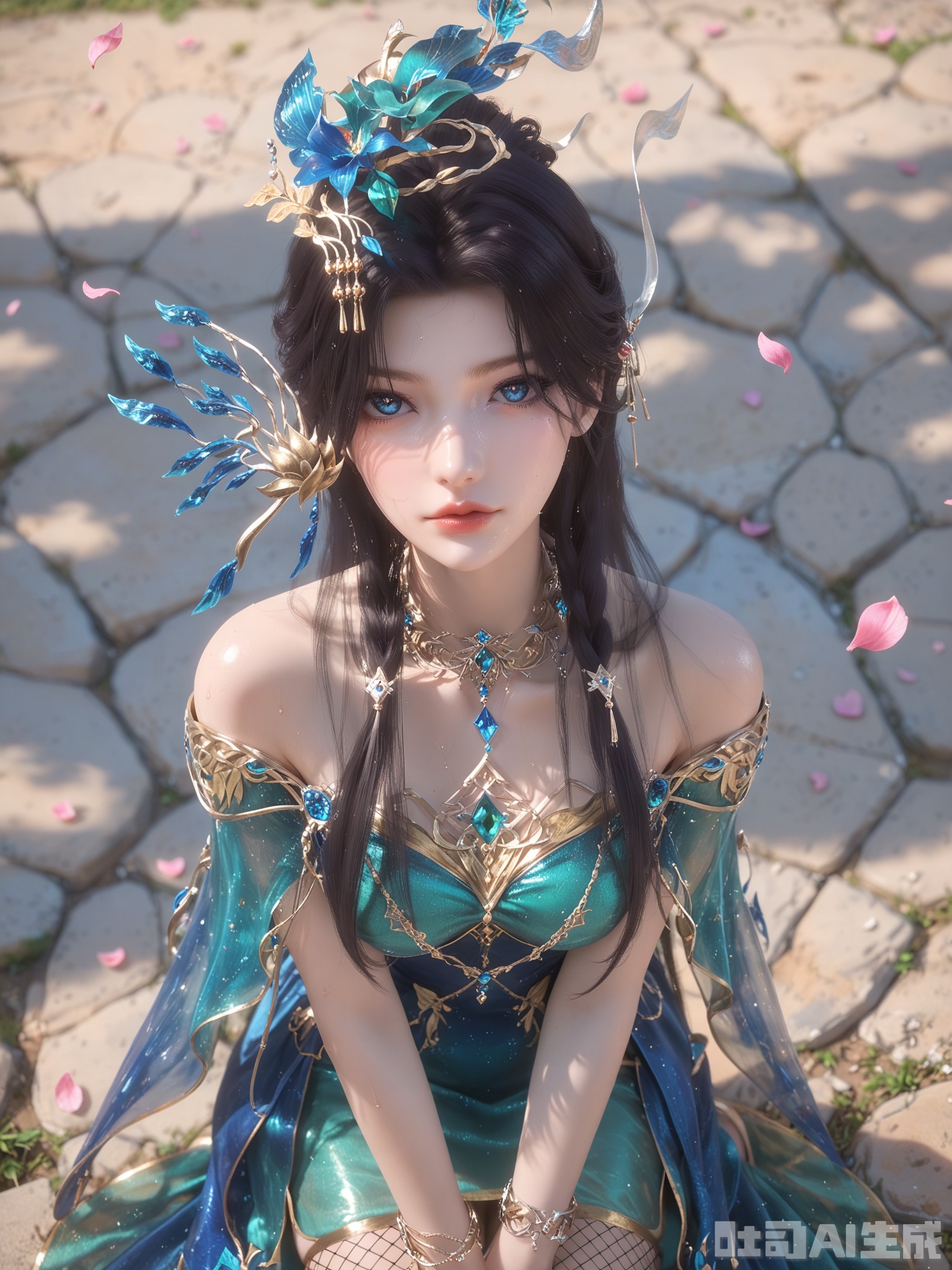 score_9,score_8_up,score_7_up,realistic,photorealistic,1girl,looking_at_viewer,realistic,1girl,Vivid Colors,bright environment,delicate water,hair_ornament,shiny skin,shiny hair,reflection,dress,flower sea,falling petals,extreme detail description,(upper body:0.5),long_hair,(skindentation:1.3),Fishnet stockings,bright,sunshine on face,light,sweating,dress,light,sitting_down,extreme detail description,bright sunlight,bright_pupils,frontal lighting,blue eyes,lens flare,anklet,aqua nails,black-hair,yellow dress,blue dress,green gemstone,head ornaments,necklace,expressionless
