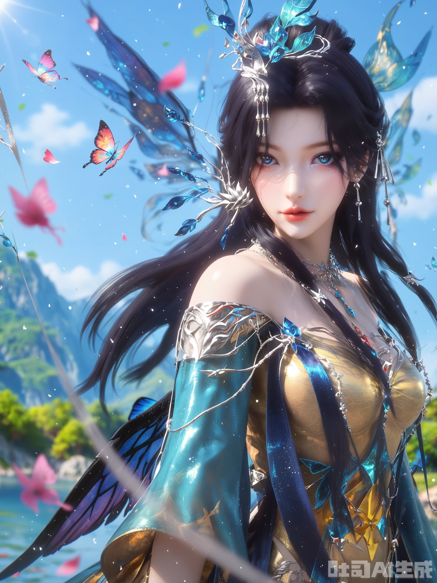 score_9,score_8_up,score_7_up,1girl,looking_at_viewer,realistic,1girl,Vivid Colors,bright environment,sunshine,god light,lake,delicate water surface,hair_ornament,shiny skin,shiny hair,reflection,blue dress,jewelry,falling petals,extreme detail description,bright sunlight,bright_pupils,frontal lighting,(upper body:1),blue eyes,lens flare,anklet,aqua nails,black-hair,wings,butterfly,yellow dress,blue dress,shoder,light particles,nail polish,bug,wings,blue sky,detached sleeves,shiny,earrings,necklace,blue nails,blue gemstone