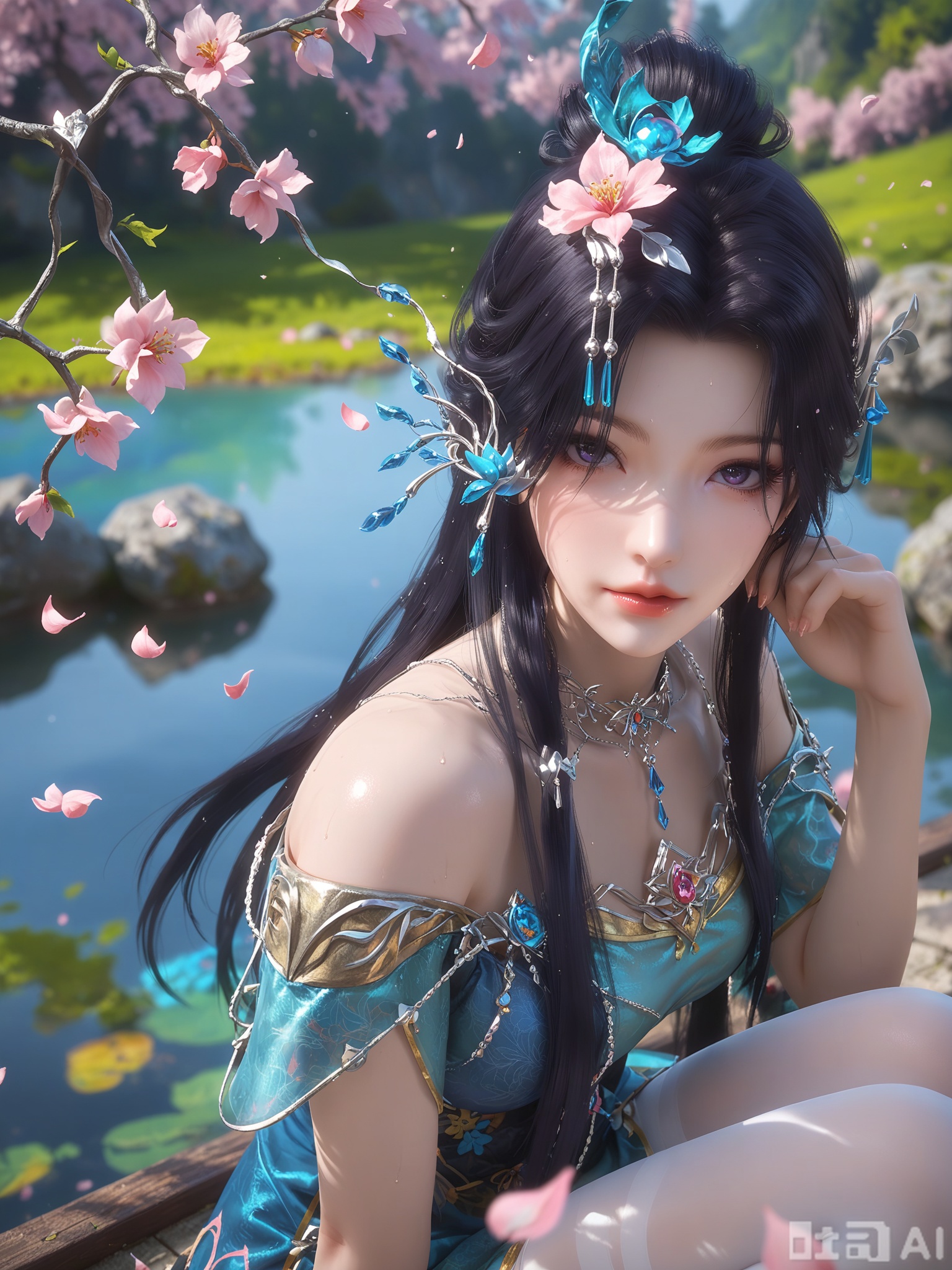 score_9,score_8_up,score_7_up,source_cartoon,source_anime,1girl,looking_at_viewer,realistic,Vivid Colors,bright environment,delicate water,hair_ornament,shiny skin,shiny hair,reflection,dress,falling petals,extreme detail description,(upper body:0.3),put one hand on your chest,long_hair,(skindentation:1.3),bright,sunshine on face,light,sweating,light,glowing,sunshine,bright,reflection,(pale_skin:1.3),white pantyhose,sitting_down,black-hair,outside,peach blossom,stream,