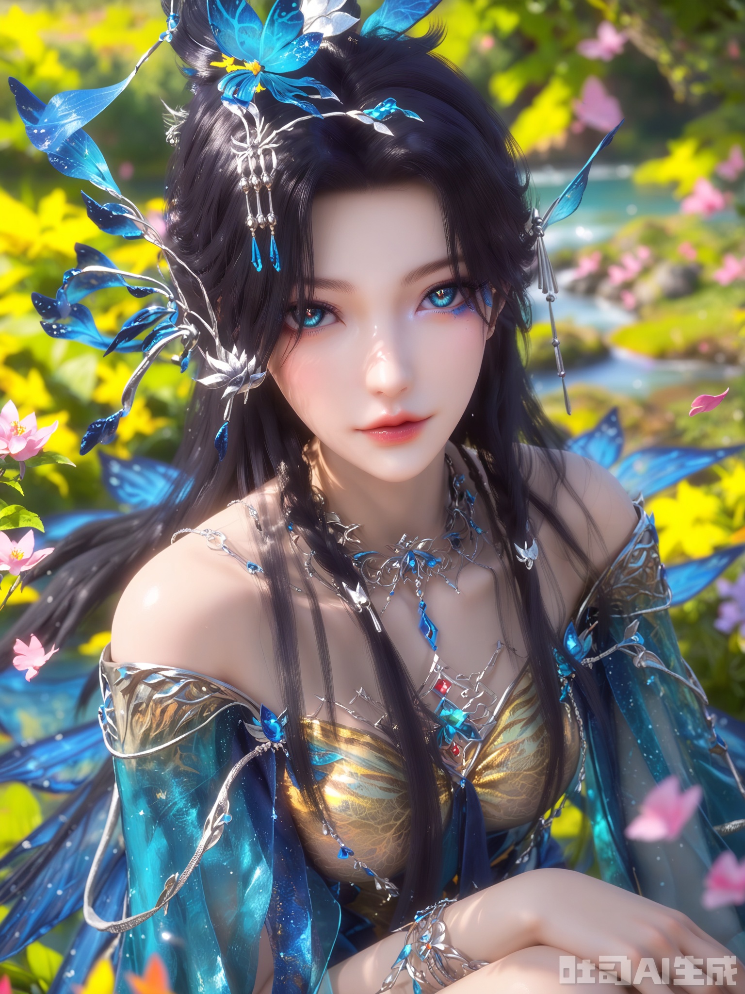 score_9,score_8_up,score_7_up,1girl,looking_at_viewer,realistic,1girl,Vivid Colors,bright environment,sunshine,god light,lake,delicate water surface,hair_ornament,shiny skin,shiny hair,reflection,(wariza:1.2),blue dress,jewelery,flower sea,falling petals,extreme detail description,bright sunlight,bright_pupils,frontal lighting,(upper body:1),blue eyes,lens flare,anklet,aqua nails,black-hair,wings,butterfly,yellow dress,blue dress,