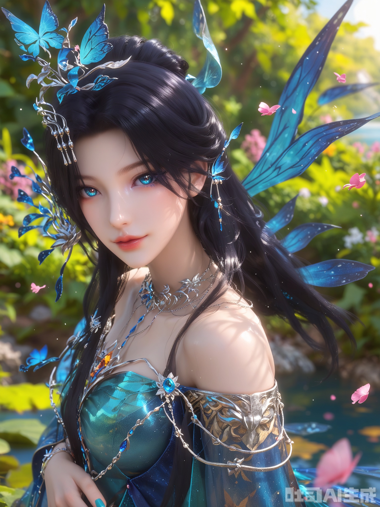 score_9,score_8_up,score_7_up,1girl,looking_at_viewer,realistic,1girl,Vivid Colors,bright environment,sunshine,god light,lake,delicate water surface,hair_ornament,shiny skin,shiny hair,reflection,(wariza:1.2),blue dress,jewelery,flower sea,falling petals,extreme detail description,bright sunlight,bright_pupils,frontal lighting,(upper body:1),blue eyes,lens flare,anklet,aqua nails,black-hair,wings,butterfly