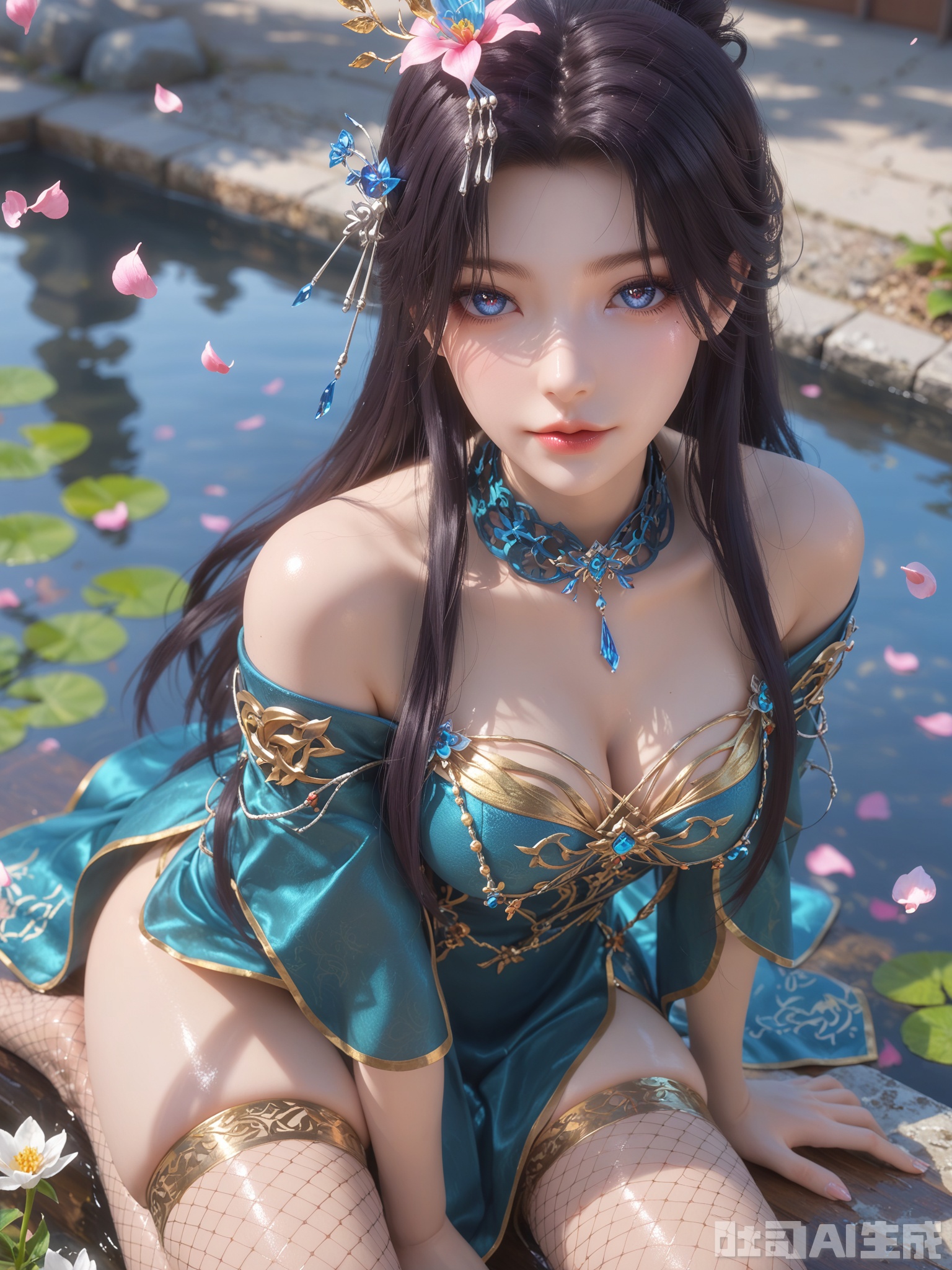 示词score_9,score_8_up,score_7_up,1girl,looking_at_viewer,realistic,1girl,Vivid Colors,bright environment,sunshine,god light,delicate water,hair_ornament,shiny skin,shiny hair,reflection,(wariza:1.2),dress,flower sea,falling petals,extreme detail description,bright sunlight,frontal lighting,(upper body:0.3),put one hand on your chest,hair,long_hair,(skindentation:1.3),Fishnet stockings,hair,sunshine on face,bright_pupils,light_eyes,sitting_down,chinese_clothes,