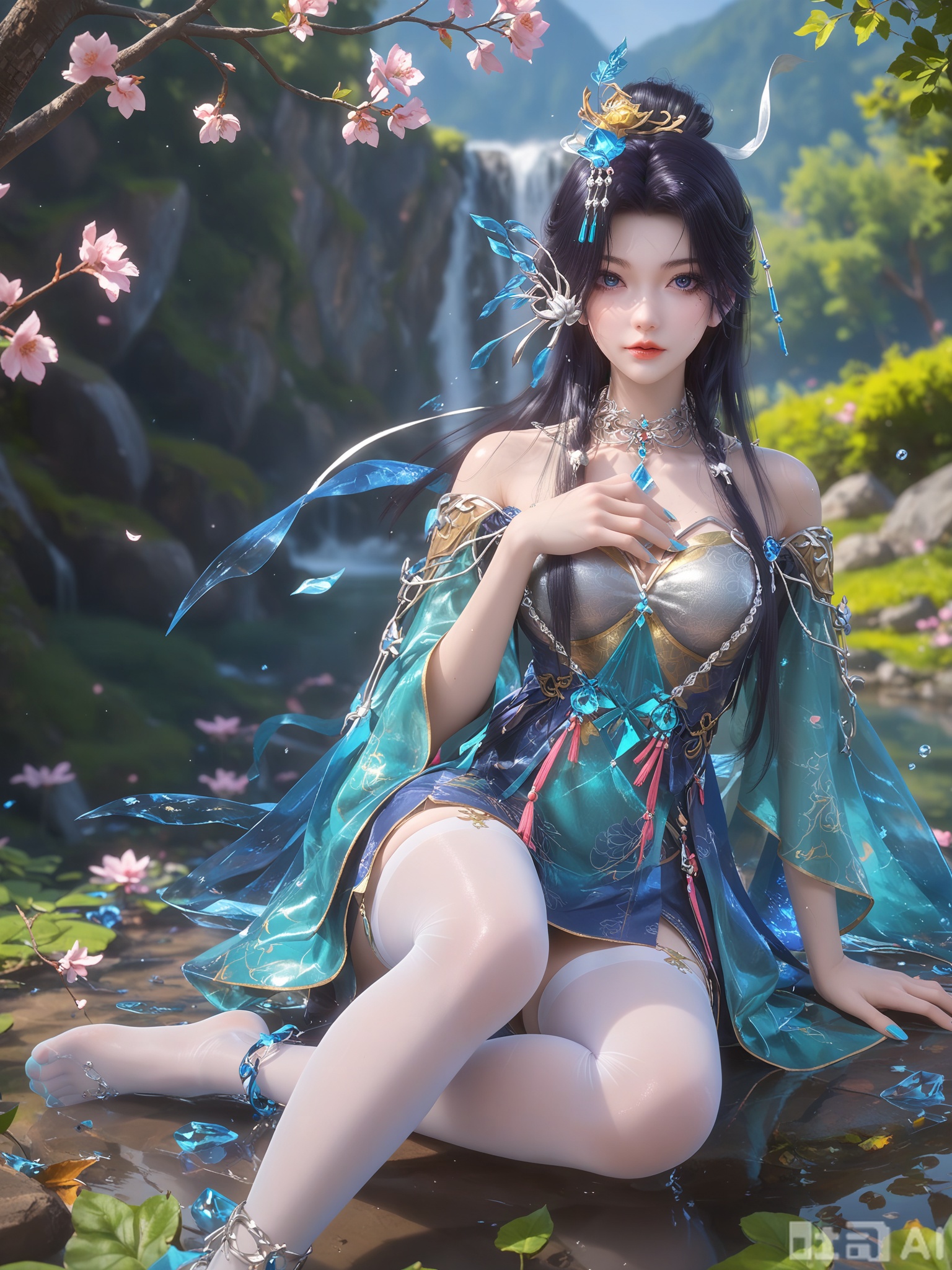 score_9,score_8_up,score_7_up,source_anime,1girl,looking_at_viewer,realistic,Vivid Colors,bright environment,delicate water,hair_ornament,shiny skin,shiny hair,reflection,dress,extreme detail description,(upper body:0.3),put one hand on your chest,long_hair,(skindentation:1.3),bright,sunshine on face,light,sweating,light,glowing,sunshine,bright,reflection,(pale_skin:1.3),white pantyhose,sitting_down,black-hair,outside,peach blossom,stream,yllow dress,blue dress,floating ribbon,long silk scarf,chinese-style stole,blue eyes,lens flare,anklet,aqua nails,gem,