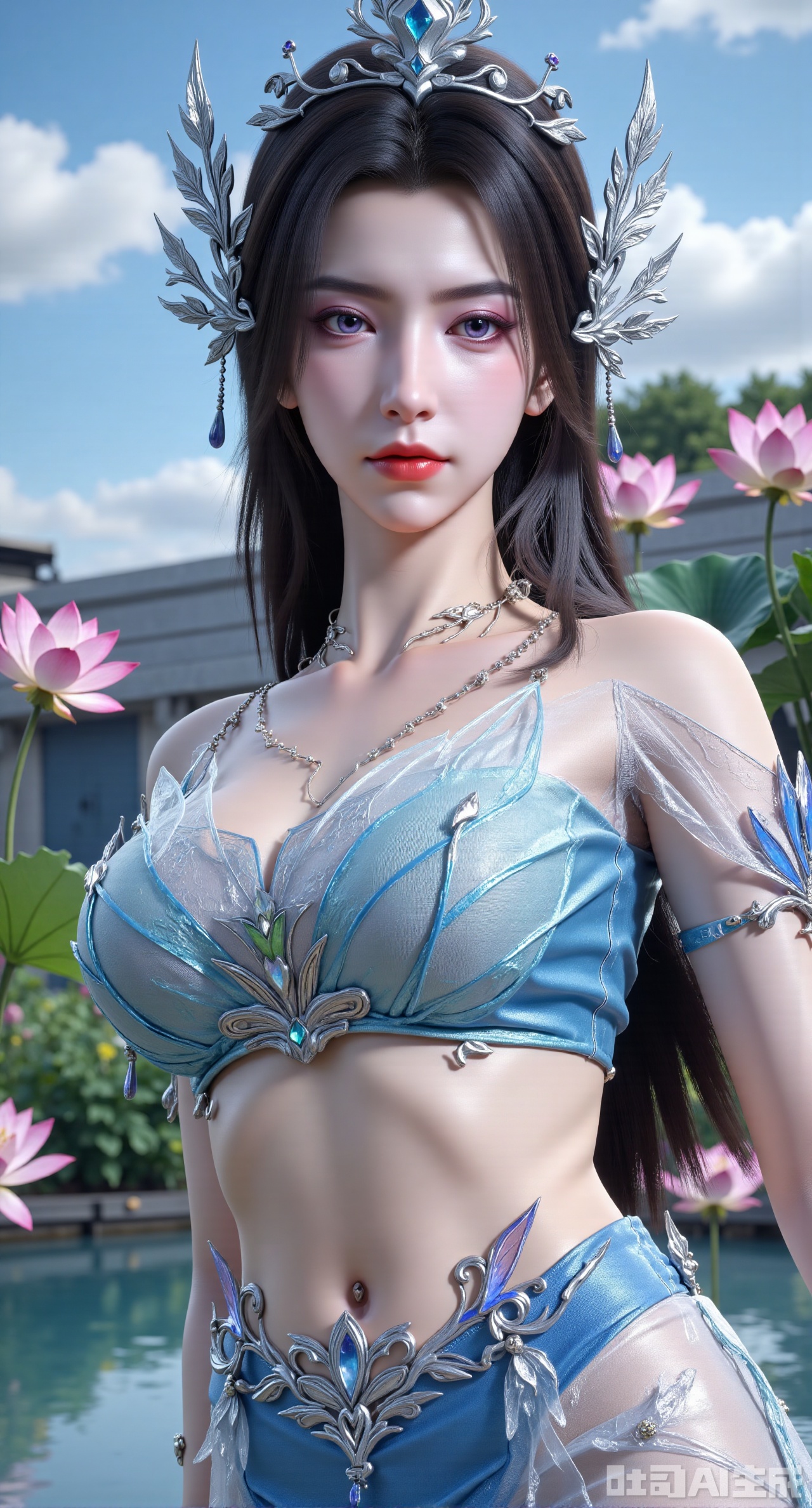 (masterpiece, best quality:1.2),1girl, navel, solo, midriff, bare shoulders, hair ornament, flower, hair flower, black hair, red lips,BREAK, (looking at viewer:1.39), chinese clothes,(Holographic dress:1.39), (lace,Rainbow Gradient Color:1.29),BREAK,purple eyes,blurry, solo focus, long hair, lips, daytime, lipstick, outdoors, (upper body,,Long legs:1.29), blurry,(huge breasts,full breasts:1.41), background, 1girl, makeup, hair bun,Xyunxiao,(Blue sky:1.39),(Suzhou Garden Lotus Pond,pink lotus,green Lotus Leaf:1.39),(huge breasts:2.99), (full breasts:2.99),XliumeiY,XyueliuY,Xyunwangshu,XlishaoyinY,XyunwangshuxiheY,XlinziyueYH,XtangzichenK,Xnuwashenian,Xbigbreasts,XyanqingfeiY,XyinyueXH,XyunwangshuBF