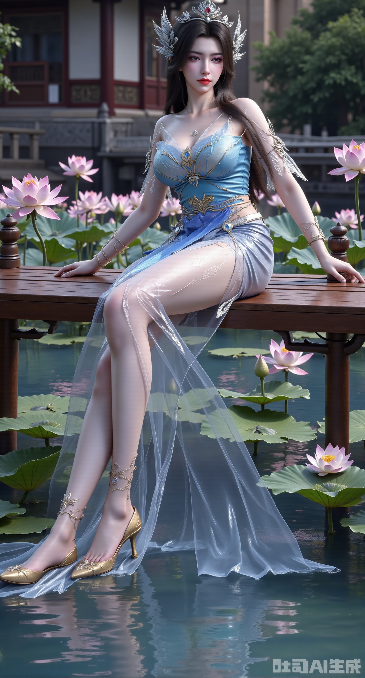 (masterpiece:1.2),best quality,The image is a digital illustration of a young woman sitting on a wooden bench in a pond with lily pads. She is wearing a long dress with design on the chest and sleeves. The dress has a high neckline and short sleeves,Holding a lotus in hand. She has long dark hair styled in loose waves and is wearing gold high heels. The woman is posing with one hand on her hip and the other resting on the edge of the bench. The background is filled with pink and white lotus flowers and green leaves. The overall mood of the image is peaceful and serene,(huge breasts:2.99),(full breasts:2.99),(Background with traditional Chinese architecture, lotus pond and pink lotus flowers:1.39),XliumeiY,XyueliuY,Xyunwangshu,XlishaoyinY,XyunwangshuxiheY,XlinziyueYH,XtangzichenK,Xnuwashenian,Xbigbreasts,XyanqingfeiY,XyinyueXH,XyunwangshuBF