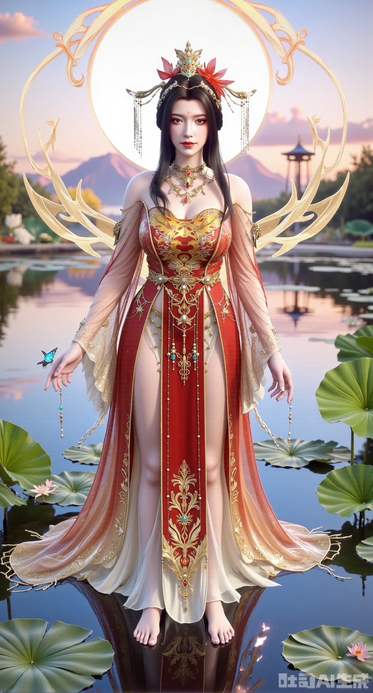 (masterpiece:1.2),best quality,The woman is wearing a long Hanfu, holding a butterfly in her hands, barefoot, and tassels on her feet. Her house is covered with nail polish and stands on the tranquil lotus pond. The background outlines lotus leaves and reeds in a fresh ink style, which makes it more elegant and charming under soft natural light.(huge breasts:2.99),(full breasts:2.99),XyunwangshuY,Xyanqingfei,Xbigbreasts,XyinyueX,Xnvwashenian,XyunwangshuHF,Xxiuhefu