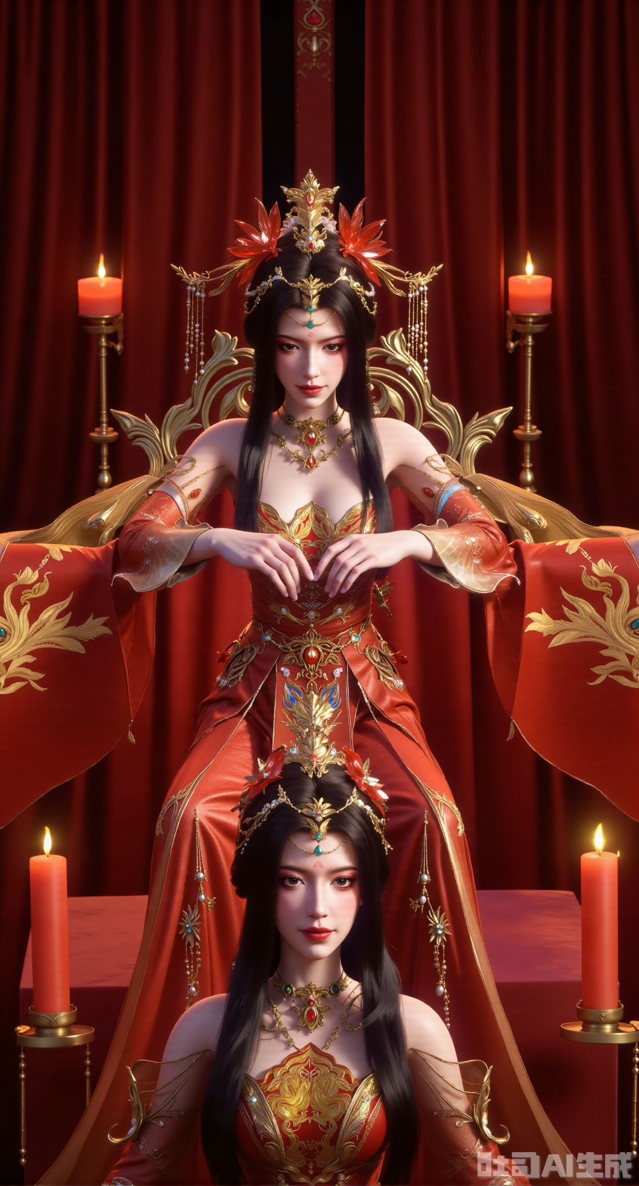 (masterpiece:1.2),best quality,In a dimly lit, red-painted chamber with intricately patterned curtains, a stunning lady sits on a majestic red bed adorned with phoenix-inspired tapestries and tassels. She wears a lavish hanfu dress with long sleeves, its golden trimmings catching the soft candlelight from two ornate red candles. Her raven-black hair is styled with a delicate hair stick and topped with a majestic phoenix crown. A subtle blush adorns her cheeks as she gazes downward, her red lips subtly parted. The room's atmosphere is one of mystique, with ancient Chinese architecture visible through the curtains. The lady's eyes are framed by striking black eyeliner, while her soft breasts, barely contained within the low-cut dress, hint at a sense of vulnerability and shyness. Amidst this fantasy setting, two red candles stand sentinel, their flames casting a warm, golden glow on the subject's porcelain complexion.(huge breasts:2.99),(full breasts:2.99),XyunwangshuY,Xyanqingfei,Xbigbreasts,XyinyueX,Xnvwashenian,XyunwangshuHF,Xxiuhefu