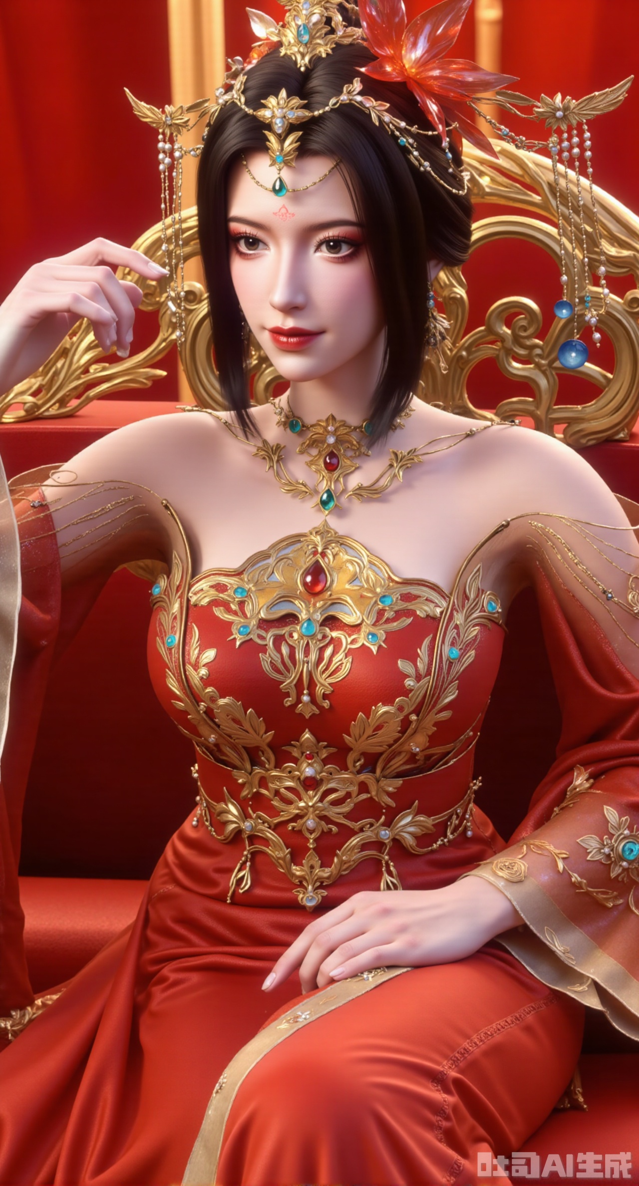 (masterpiece:1.2),best quality,aa woman dressed in a red silk dress, adorned with a gold crown, is seated on a step in front of a window. The woman's dress is adorned with gold accents, adding a touch of sparkle to her outfit. Her hair is styled in a sleek bob, and her eyes are a piercing blue. The backdrop is a vibrant red, with cherry blossoms adding a pop of color to the scene.(huge breasts:2.99),(full breasts:2.99),XyunwangshuY,Xyanqingfei,Xbigbreasts,XyinyueX,Xnvwashenian,XyunwangshuHF,Xxiuhefu