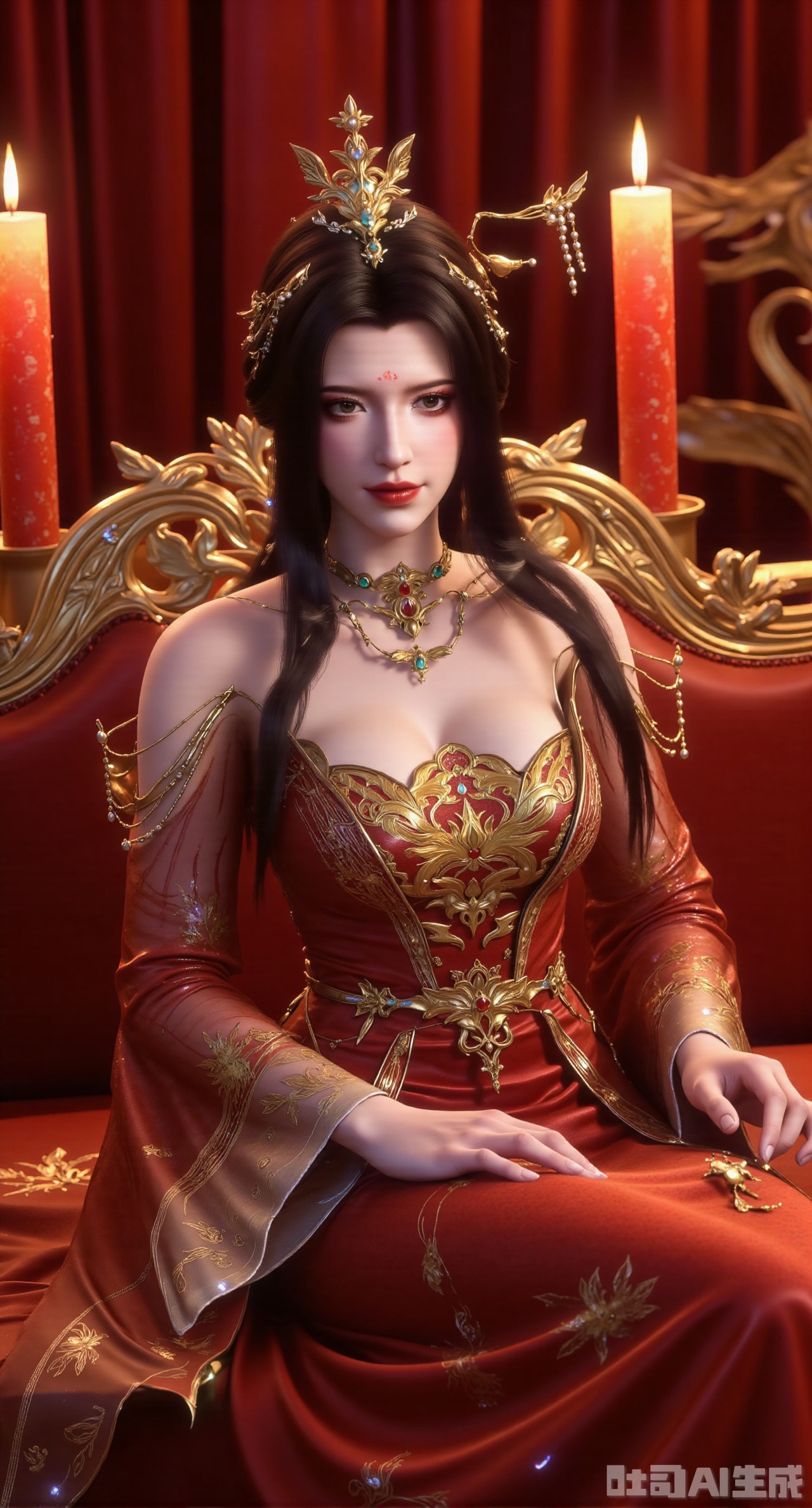(masterpiece:1.2),best quality,In a dimly lit, red-painted chamber with intricately patterned curtains, a stunning lady sits on a majestic red bed adorned with phoenix-inspired tapestries and tassels. She wears a lavish hanfu dress with long sleeves, its golden trimmings catching the soft candlelight from two ornate red candles. Her raven-black hair is styled with a delicate hair stick and topped with a majestic phoenix crown. A subtle blush adorns her cheeks as she gazes downward, her red lips subtly parted. The room's atmosphere is one of mystique, with ancient Chinese architecture visible through the curtains. The lady's eyes are framed by striking black eyeliner, while her soft breasts, barely contained within the low-cut dress, hint at a sense of vulnerability and shyness. Amidst this fantasy setting, two red candles stand sentinel, their flames casting a warm, golden glow on the subject's porcelain complexion.(huge breasts:2.99),(full breasts:2.99),XyunwangshuY,Xyanqingfei,Xbigbreasts,XyinyueX,Xnvwashenian,XyunwangshuHF,Xxiuhefu