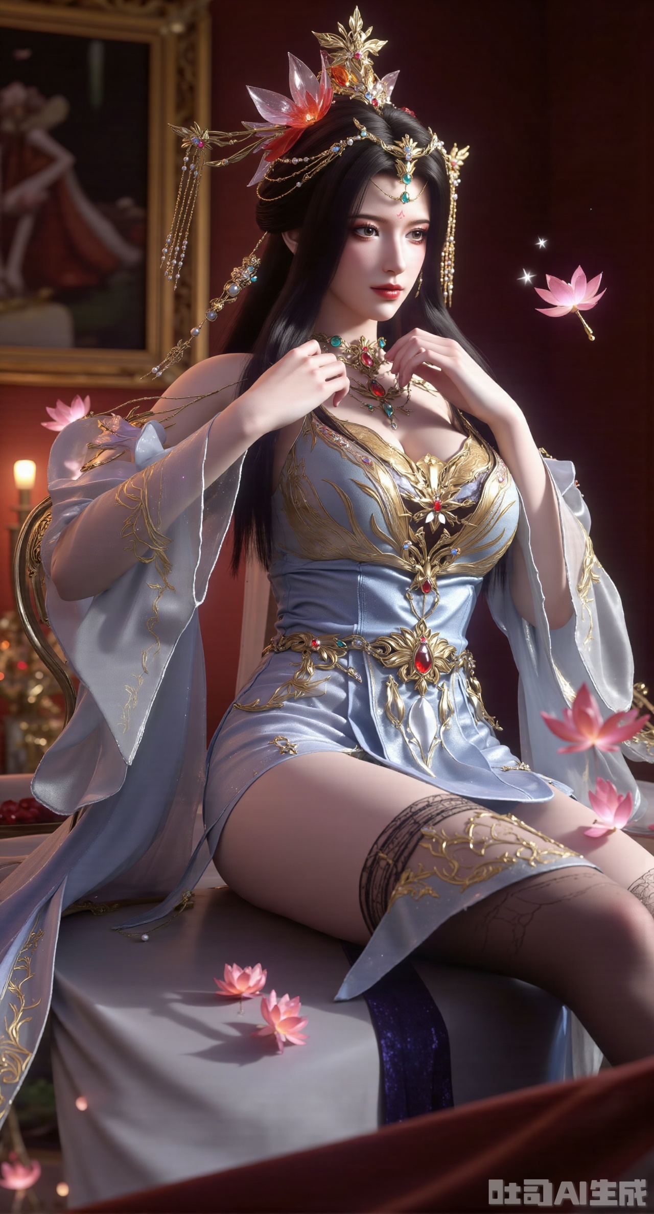 (masterpiece:1.2),best quality,A high - resolution digital artwork of a regal young woman in an elaborate fantasy - inspired hanfu. She has long, flowing dark hair, adorned with an ornate headdress encrusted with jewels and fine, sheer veils. Her face is exquisitely detailed, with large, expressive eyes, a straight nose, and full lips painted in a vibrant red. She wears a light blue and silver gown with intricate golden embroidery that depicts flowing patterns, giving it an ethereal look. The dress features a deep V - neckline, decorated with multiple layers of necklaces with gemstone pendants. Her sleeves are semi - transparent and flowy, adding to the graceful aura. A wide blue sash with a large bow cinches her waist, embellished with a star - shaped ornament and more golden detailing. In her hand, she holds a pink lotus flower, and around her, small pink lotus blossoms and sparkling stars float in the air. The background is a dark, luxurious setting with golden, ornate frames, suggesting a palace or imperial hall, illuminated by soft, ambient light that highlights the details of her attire and the magical elements around her.She sat on the marble countertop, barefoot, tidying up the collar of her white shirt, and her clothes slid smoothly at her fingertips. The black leggings fit her legs well, the purple stockings were filled with a soft luster, and the warm and diffuse light in the room added to its authenticity. The picture is divided into three equal parts: one third of the lower is the tabletop, the middle is her upper body, and a wall illuminated by soft light on it. Every needle and thread of the shirt, every subtle fold on the black leggings, is carefully depicted, and everything is shrouded in warm beige and soft apricots, evoking the eternal elegance of the classic movie scene..(huge breasts:2.99),(full breasts:2.99),XyunwangshuY,Xyanqingfei,Xbigbreasts,XyinyueX,Xnvwashenian,XyunwangshuHF,Xxiuhefu