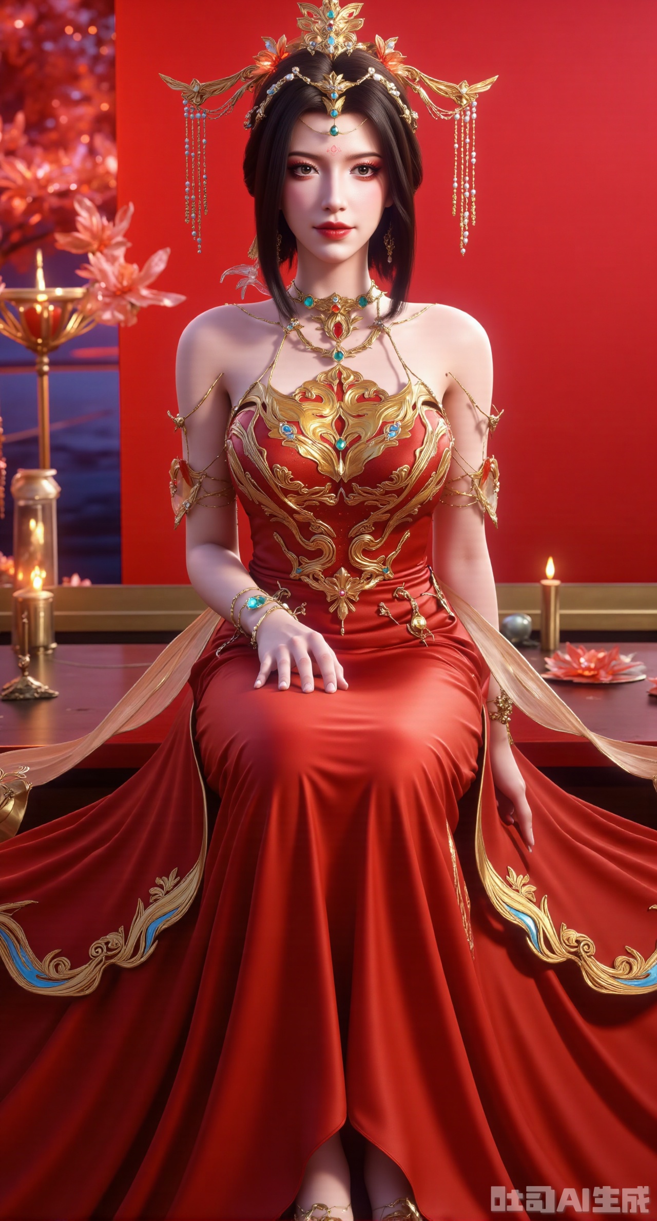 (masterpiece:1.2),best quality,aa woman dressed in a red silk dress, adorned with a gold crown, is seated on a step in front of a window. The woman's dress is adorned with gold accents, adding a touch of sparkle to her outfit. Her hair is styled in a sleek bob, and her eyes are a piercing blue. The backdrop is a vibrant red, with cherry blossoms adding a pop of color to the scene.(huge breasts:2.99),(full breasts:2.99),XyunwangshuY,Xyanqingfei,Xbigbreasts,XyinyueX,Xnvwashenian,XyunwangshuHF,Xxiuhefu
