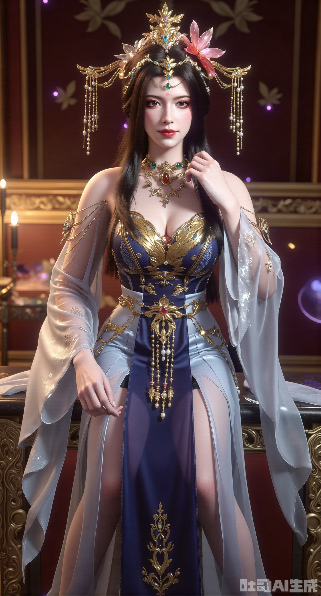 (masterpiece:1.2),best quality,A high - resolution digital artwork of a regal young woman in an elaborate fantasy - inspired hanfu. She has long, flowing dark hair, adorned with an ornate headdress encrusted with jewels and fine, sheer veils. Her face is exquisitely detailed, with large, expressive eyes, a straight nose, and full lips painted in a vibrant red. She wears a light blue and silver gown with intricate golden embroidery that depicts flowing patterns, giving it an ethereal look. The dress features a deep V - neckline, decorated with multiple layers of necklaces with gemstone pendants. Her sleeves are semi - transparent and flowy, adding to the graceful aura. A wide blue sash with a large bow cinches her waist, embellished with a star - shaped ornament and more golden detailing. In her hand, she holds a pink lotus flower, and around her, small pink lotus blossoms and sparkling stars float in the air. The background is a dark, luxurious setting with golden, ornate frames, suggesting a palace or imperial hall, illuminated by soft, ambient light that highlights the details of her attire and the magical elements around her.She sat on the marble countertop, barefoot, tidying up the collar of her white shirt, and her clothes slid smoothly at her fingertips. The black leggings fit her legs well, the purple stockings were filled with a soft luster, and the warm and diffuse light in the room added to its authenticity. The picture is divided into three equal parts: one third of the lower is the tabletop, the middle is her upper body, and a wall illuminated by soft light on it. Every needle and thread of the shirt, every subtle fold on the black leggings, is carefully depicted, and everything is shrouded in warm beige and soft apricots, evoking the eternal elegance of the classic movie scene..(huge breasts:2.99),(full breasts:2.99),XyunwangshuY,Xyanqingfei,Xbigbreasts,XyinyueX,Xnvwashenian,XyunwangshuHF,Xxiuhefu