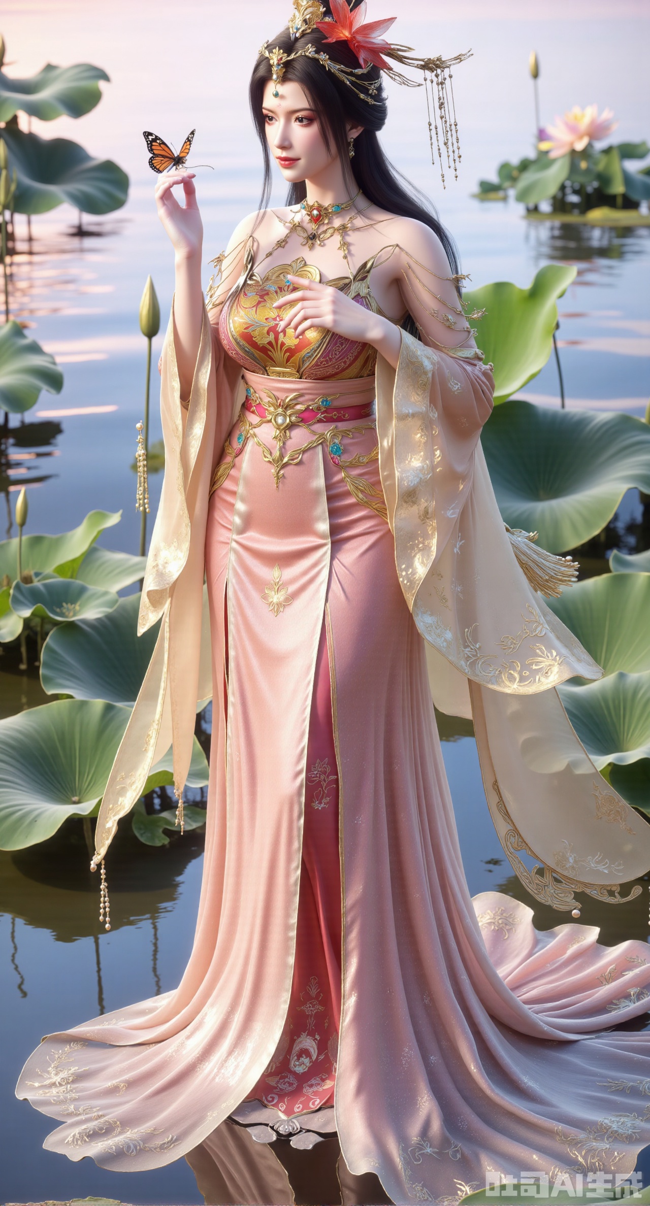 (masterpiece:1.2),best quality,The woman is wearing a long Hanfu, holding a butterfly in her hands, barefoot, and tassels on her feet. Her house is covered with nail polish and stands on the tranquil lotus pond. The background outlines lotus leaves and reeds in a fresh ink style, which makes it more elegant and charming under soft natural light.(huge breasts:2.99),(full breasts:2.99),XyunwangshuY,Xyanqingfei,Xbigbreasts,XyinyueX,Xnvwashenian,XyunwangshuHF,Xxiuhefu