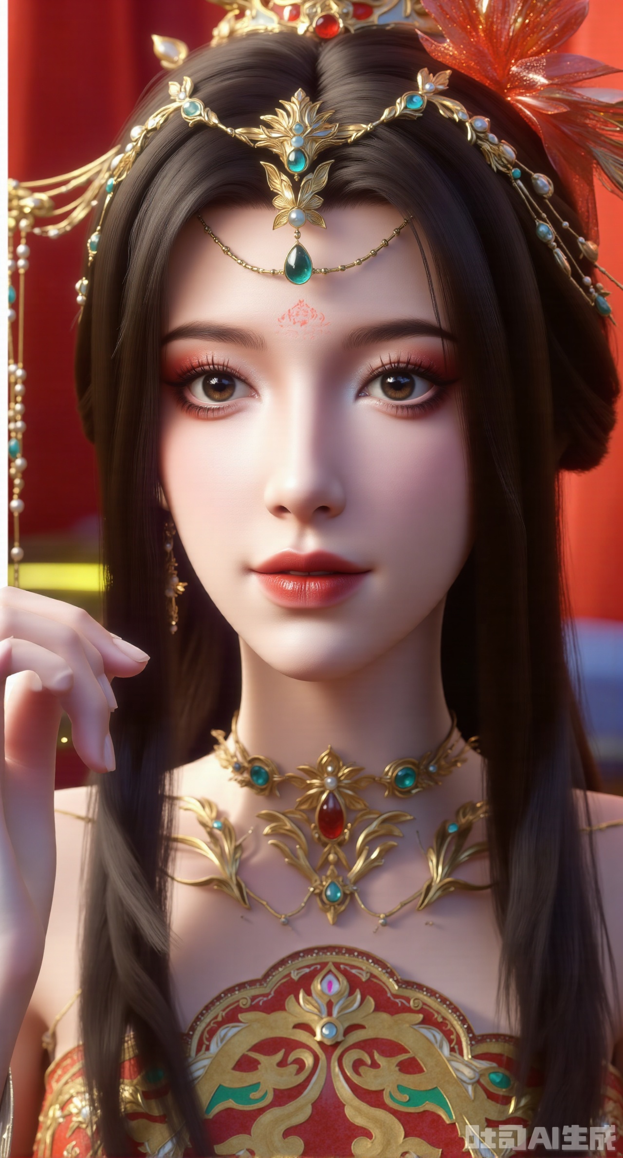 (masterpiece:1.2),best quality,a close-up shot of a Chinese woman's head is adorned with a gold crown adorned with red and blue stones. Her eyes are a piercing blue, her hair is a dark brown, and she's wearing a red and green dress adorned with gold embroidery and a red choker around her neck. Her dress is adorned in a vibrant red, green and gold pattern, and her hair cascades down to her shoulders. She is wearing a pair of gold earrings, adding a touch of contrast to her outfit. The backdrop is blurred, with a red curtain and a white railing visible in the background..(huge breasts:2.99),(full breasts:2.99),XyunwangshuY,Xyanqingfei,Xbigbreasts,XyinyueX,Xnvwashenian,XyunwangshuHF,Xxiuhefu