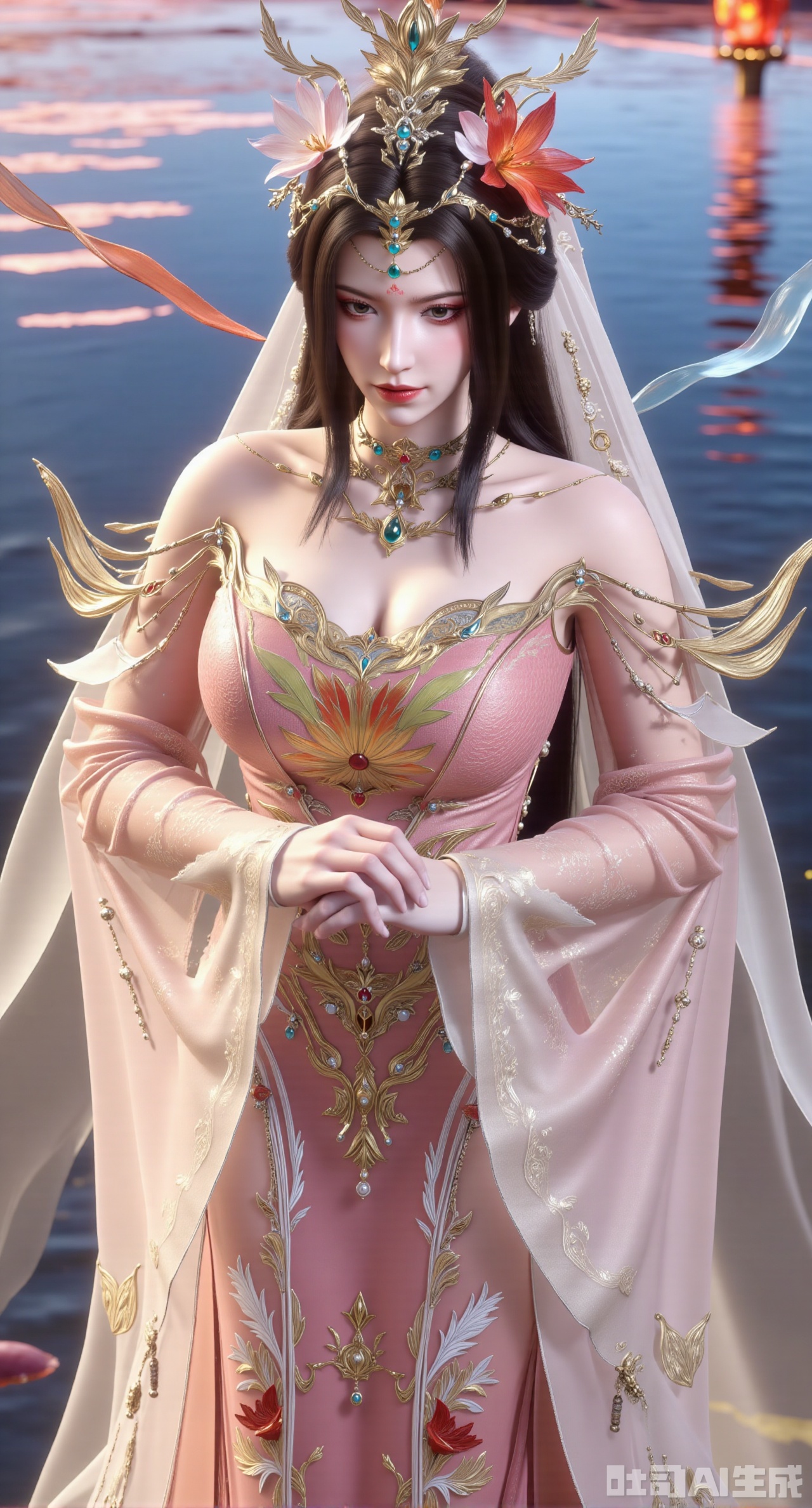 (masterpiece, best quality:1.23)A girl dressed in a Chinese - style wedding dress with a phoenix coronet and xiapei. The xiapei is light pink, embroidered with auspicious cranes and peonies, with soft colors. The phoenix coronet is mainly made of silver ornaments, dotted with blue gemstones, looking fresh and refined. Petals are flying around the girl. She stands by the side of a sparkling fairy - lake, and the fantasy sky is reflected in the lake water, like a dream,(huge breasts, full breasts:2.98),XliumeiY,XyueliuY,Xyunwangshu,XlishaoyinY,XyunwangshuxiheY,XlinziyueYH,XtangzichenK,Xnuwashenian,Xbigbreasts,XyanqingfeiY,XyinyueXH,XyunwangshuBF,XyunwangshuHF