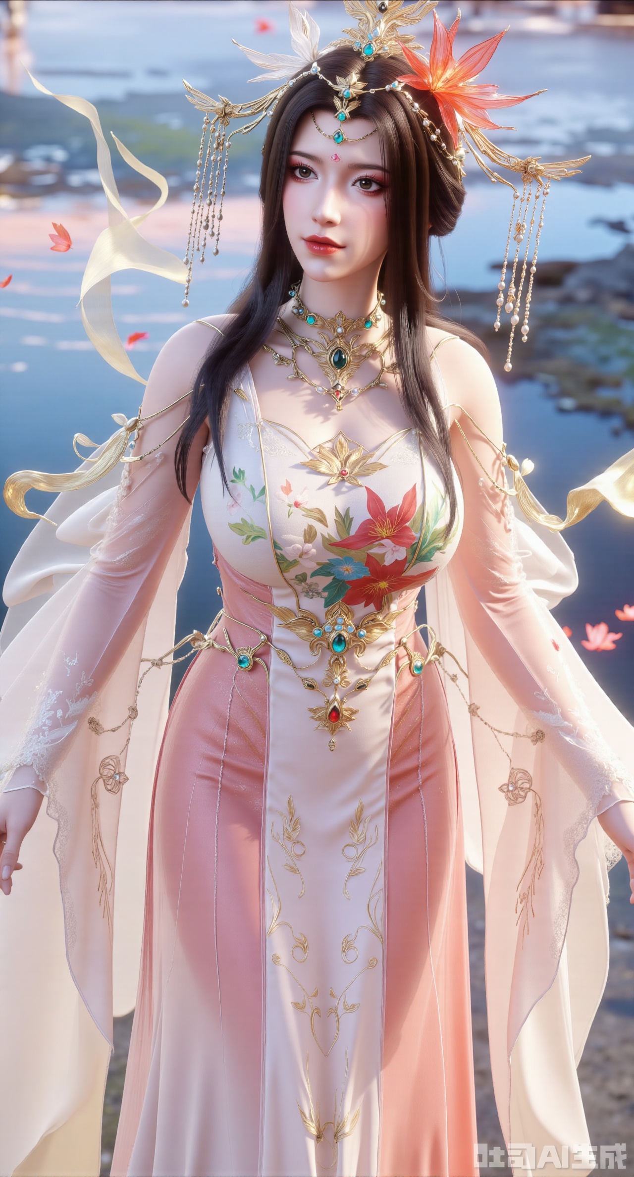 (masterpiece, best quality:1.23)A girl dressed in a Chinese - style wedding dress with a phoenix coronet and xiapei. The xiapei is light pink, embroidered with auspicious cranes and peonies, with soft colors. The phoenix coronet is mainly made of silver ornaments, dotted with blue gemstones, looking fresh and refined. Petals are flying around the girl. She stands by the side of a sparkling fairy - lake, and the fantasy sky is reflected in the lake water, like a dream,(huge breasts, full breasts:2.98),XliumeiY,XyueliuY,Xyunwangshu,XlishaoyinY,XyunwangshuxiheY,XlinziyueYH,XtangzichenK,Xnuwashenian,Xbigbreasts,XyanqingfeiY,XyinyueXH,XyunwangshuBF,XyunwangshuHF