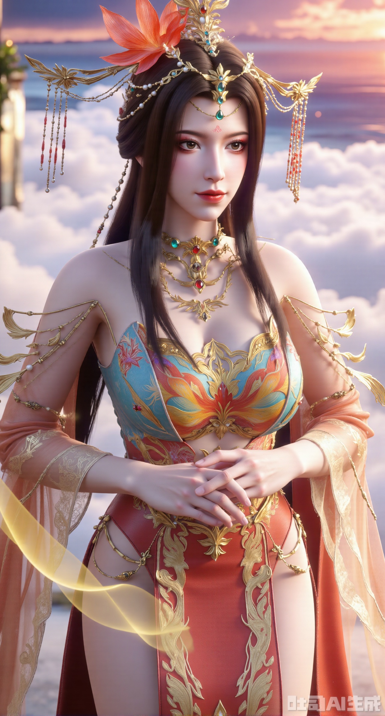 (masterpiece, best quality:1.23)A girl wearing a Chinese - style wedding dress with a phoenix coronet and xiapei. The xiapei is embroidered with vivid phoenixes and flowing clouds using delicate stitches, and the outlines are traced with gold thread, shining brightly. The phoenix coronet is inlaid with bright pearls and colorful gemstones, and the hanging tassels are light and elegant. The girl holds a blooming peach blossom in her hand, standing on the peak of a fairy - mountain surrounded by clouds and mist. Behind her is a gorgeous glow, as if a fairyland has descended,(huge breasts, full breasts:2.98),XliumeiY,XyueliuY,Xyunwangshu,XlishaoyinY,XyunwangshuxiheY,XlinziyueYH,XtangzichenK,Xnuwashenian,Xbigbreasts,XyanqingfeiY,XyinyueXH,XyunwangshuBF,XyunwangshuHF