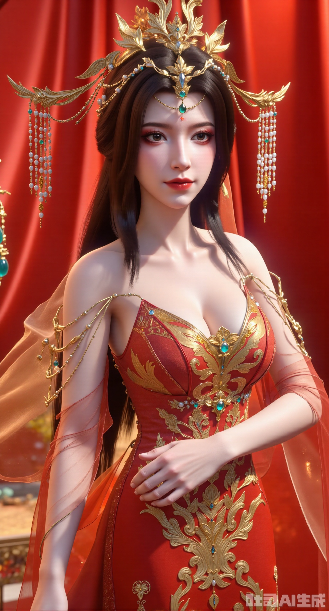 (masterpiece,best quality:1.23)A bride wearing a Chinese - style wedding dress with a phoenix coronet and a xiapei. The xiapei uses gold - coiling embroidery techniques to embroider majestic dragon and phoenix patterns, showing dignity. The bead curtains hanging from the phoenix coronet are arranged in a well - organized manner, and each bead is crystal - clear. She stands on the stage of a Chinese - style wedding. The stage is decorated with red silk and golden decorations, shining brightly,(huge breasts, full breasts:2.98)XliumeiY,XyueliuY,Xyunwangshu,XlishaoyinY,XyunwangshuxiheY,XlinziyueYH,XtangzichenK,Xnuwashenian,Xbigbreasts,XyanqingfeiY,XyinyueXH,XyunwangshuBF,XyunwangshuHF