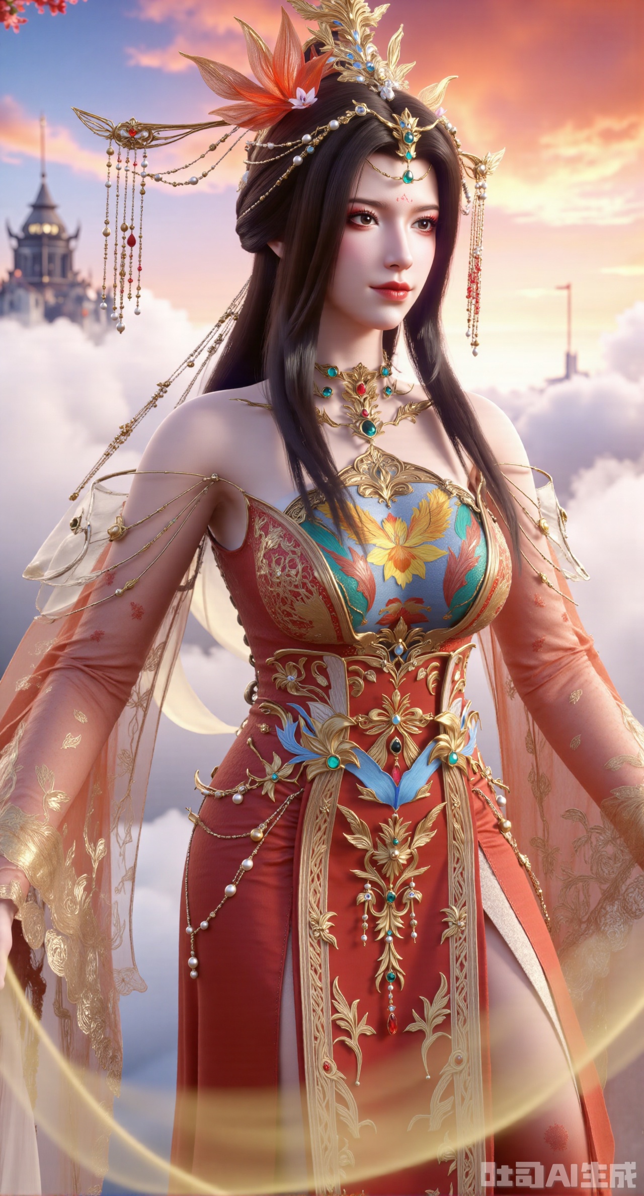 (masterpiece, best quality:1.23)A girl wearing a Chinese - style wedding dress with a phoenix coronet and xiapei. The xiapei is embroidered with vivid phoenixes and flowing clouds using delicate stitches, and the outlines are traced with gold thread, shining brightly. The phoenix coronet is inlaid with bright pearls and colorful gemstones, and the hanging tassels are light and elegant. The girl holds a blooming peach blossom in her hand, standing on the peak of a fairy - mountain surrounded by clouds and mist. Behind her is a gorgeous glow, as if a fairyland has descended,(huge breasts, full breasts:2.98),XliumeiY,XyueliuY,Xyunwangshu,XlishaoyinY,XyunwangshuxiheY,XlinziyueYH,XtangzichenK,Xnuwashenian,Xbigbreasts,XyanqingfeiY,XyinyueXH,XyunwangshuBF,XyunwangshuHF
