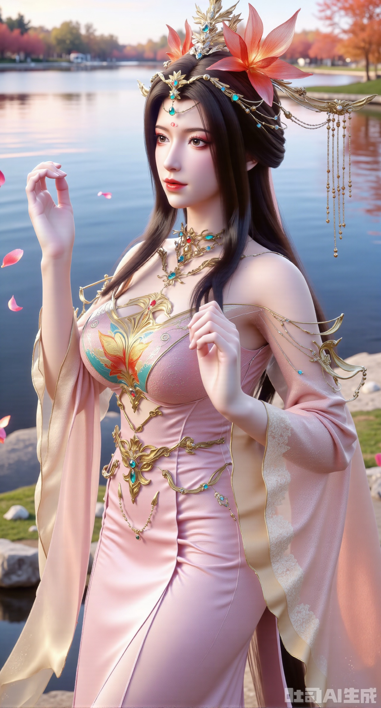 (masterpiece, best quality:1.23)A girl dressed in a Chinese - style wedding dress with a phoenix coronet and xiapei. The xiapei is light pink, embroidered with auspicious cranes and peonies, with soft colors. The phoenix coronet is mainly made of silver ornaments, dotted with blue gemstones, looking fresh and refined. Petals are flying around the girl. She stands by the side of a sparkling fairy - lake, and the fantasy sky is reflected in the lake water, like a dream,(huge breasts, full breasts:2.98),XliumeiY,XyueliuY,Xyunwangshu,XlishaoyinY,XyunwangshuxiheY,XlinziyueYH,XtangzichenK,Xnuwashenian,Xbigbreasts,XyanqingfeiY,XyinyueXH,XyunwangshuBF,XyunwangshuHF