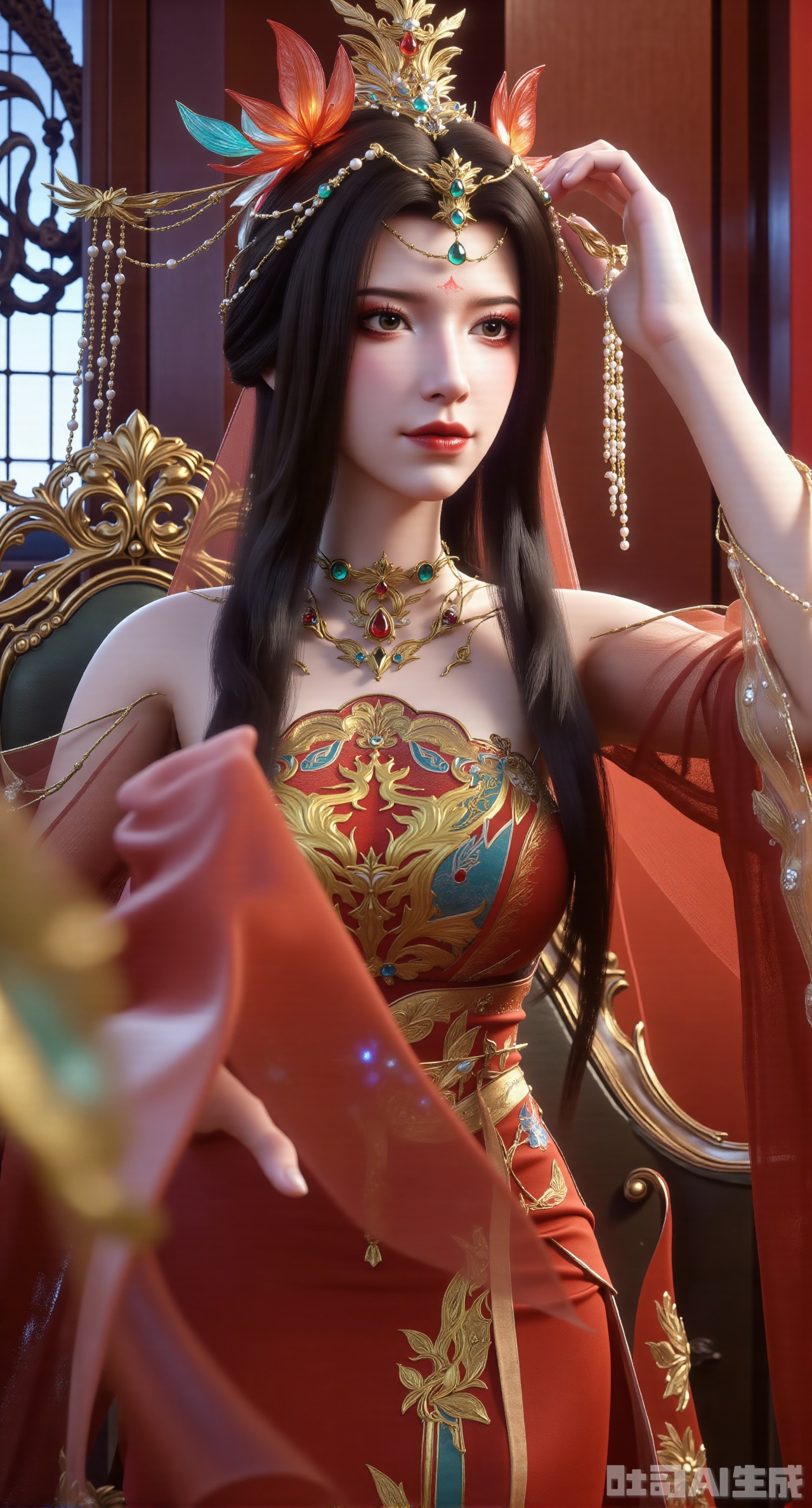 (masterpiece, best quality:1.23)A maiden waiting to get married, wearing a Chinese - style wedding dress with a phoenix coronet and xiapei, is sitting in front of an exquisite carved dressing table by the window of her boudoir. The xiapei is a bright red color with fine embroidery. The phoenix pattern is vivid, and the feathers of the phoenix are outlined with gold thread, shining brightly. It is surrounded by auspicious peony and auspicious cloud embroidery. The phoenix coronet has a gorgeous shape, inlaid with a large number of pearls and gemstones. The ruby in the center is as bright as a flame, and the hanging bead strings are crystal - clear, swaying gently. The maiden looks shy, combing her long black hair in front of the bronze mirror. Several gold hairpins have been inserted into her hair, with the heads of the hairpins carved into the shapes of flowers and birds. On the dressing table are delicate rouge boxes, powder puffs, and jade combs. The sunlight outside the window filters through the carved window lattice, creating mottled light and shadow, creating a warm and festive atmosphere,(huge breasts, full breasts:2.98),XliumeiY,XyueliuY,Xyunwangshu,XlishaoyinY,XyunwangshuxiheY,XlinziyueYH,XtangzichenK,Xnuwashenian,Xbigbreasts,XyanqingfeiY,XyinyueXH,XyunwangshuBF,XyunwangshuHF