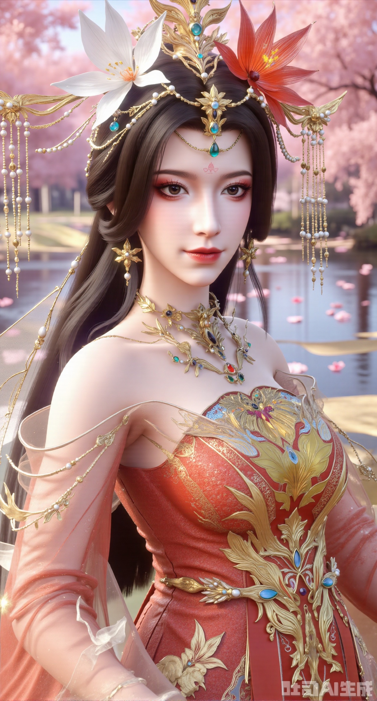 (masterpiece, best quality:1.23)A girl wearing a Chinese - style wedding dress with a phoenix coronet and xiapei. The xiapei uses exquisite kesi technique to present the pattern of dragon and phoenix bringing prosperity, with a strong three - dimensional sense. The bead strings hanging from the phoenix coronet are of different lengths, each bead is round and full, inlaid with golden stamen decorations. The girl stands in a peach - blossom forest filled with fairy air, and flower petals are falling like snow, just like a fairy in the flowers,(huge breasts, full breasts:2.98),XliumeiY,XyueliuY,Xyunwangshu,XlishaoyinY,XyunwangshuxiheY,XlinziyueYH,XtangzichenK,Xnuwashenian,Xbigbreasts,XyanqingfeiY,XyinyueXH,XyunwangshuBF,XyunwangshuHF
