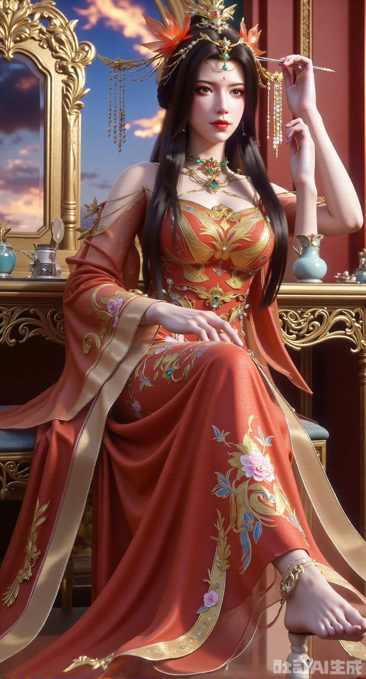 (masterpiece, best quality:1.23)A maiden waiting to get married, wearing a Chinese - style wedding dress with a phoenix coronet and xiapei, is sitting in front of an exquisite carved dressing table by the window of her boudoir. The xiapei is a bright red color with fine embroidery. The phoenix pattern is vivid, and the feathers of the phoenix are outlined with gold thread, shining brightly. It is surrounded by auspicious peony and auspicious cloud embroidery. The phoenix coronet has a gorgeous shape, inlaid with a large number of pearls and gemstones. The ruby in the center is as bright as a flame, and the hanging bead strings are crystal - clear, swaying gently. The maiden looks shy, combing her long black hair in front of the bronze mirror. Several gold hairpins have been inserted into her hair, with the heads of the hairpins carved into the shapes of flowers and birds. On the dressing table are delicate rouge boxes, powder puffs, and jade combs. The sunlight outside the window filters through the carved window lattice, creating mottled light and shadow, creating a warm and festive atmosphere,(huge breasts, full breasts:2.98),XliumeiY,XyueliuY,Xyunwangshu,XlishaoyinY,XyunwangshuxiheY,XlinziyueYH,XtangzichenK,Xnuwashenian,Xbigbreasts,XyanqingfeiY,XyinyueXH,XyunwangshuBF,XyunwangshuHF