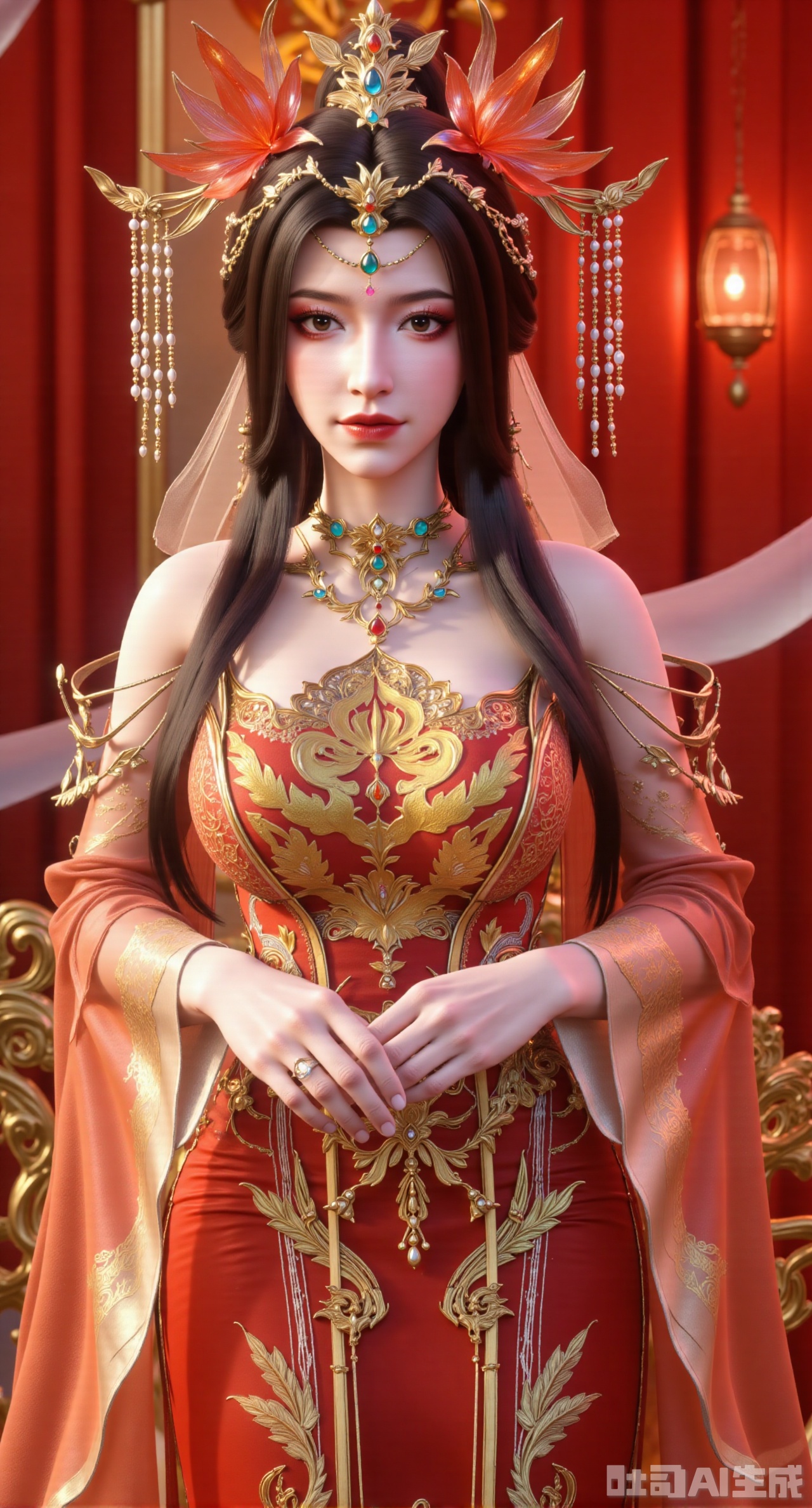 (masterpiece,best quality:1.23)A bride wearing a Chinese - style wedding dress with a phoenix coronet and a xiapei. The xiapei uses gold - coiling embroidery techniques to embroider majestic dragon and phoenix patterns, showing dignity. The bead curtains hanging from the phoenix coronet are arranged in a well - organized manner, and each bead is crystal - clear. She stands on the stage of a Chinese - style wedding. The stage is decorated with red silk and golden decorations, shining brightly,(huge breasts, full breasts:2.98)XliumeiY,XyueliuY,Xyunwangshu,XlishaoyinY,XyunwangshuxiheY,XlinziyueYH,XtangzichenK,Xnuwashenian,Xbigbreasts,XyanqingfeiY,XyinyueXH,XyunwangshuBF,XyunwangshuHF
