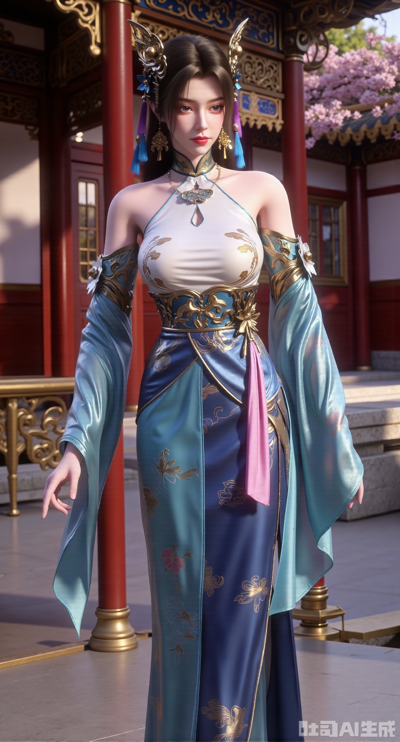 (masterpiece, best quality:1.23)A long - legged ancient - style courtesan girl, wearing a lotus - root - colored short jacket paired with a mamian skirt. The short jacket is embroidered with delicate butterfly - loving - flower patterns, and the mamian skirt has blue sea - water and river - cliff patterns. She ties a pink silk ribbon, with a sachet hanging. Her hair is in double - spiral buns, decorated with golden flower ornaments, sapphire earrings on her ears, and a lapis lazuli ring on her hand. Standing in an elegant courtyard, the crabapple flowers in the courtyard are in bloom, reflecting her beauty,(huge breasts, full breasts:2.98),XyunwangshuY,Xyanqingfei,Xbigbreasts,Xyingluo,XyunwangshuHF,XyinyueX