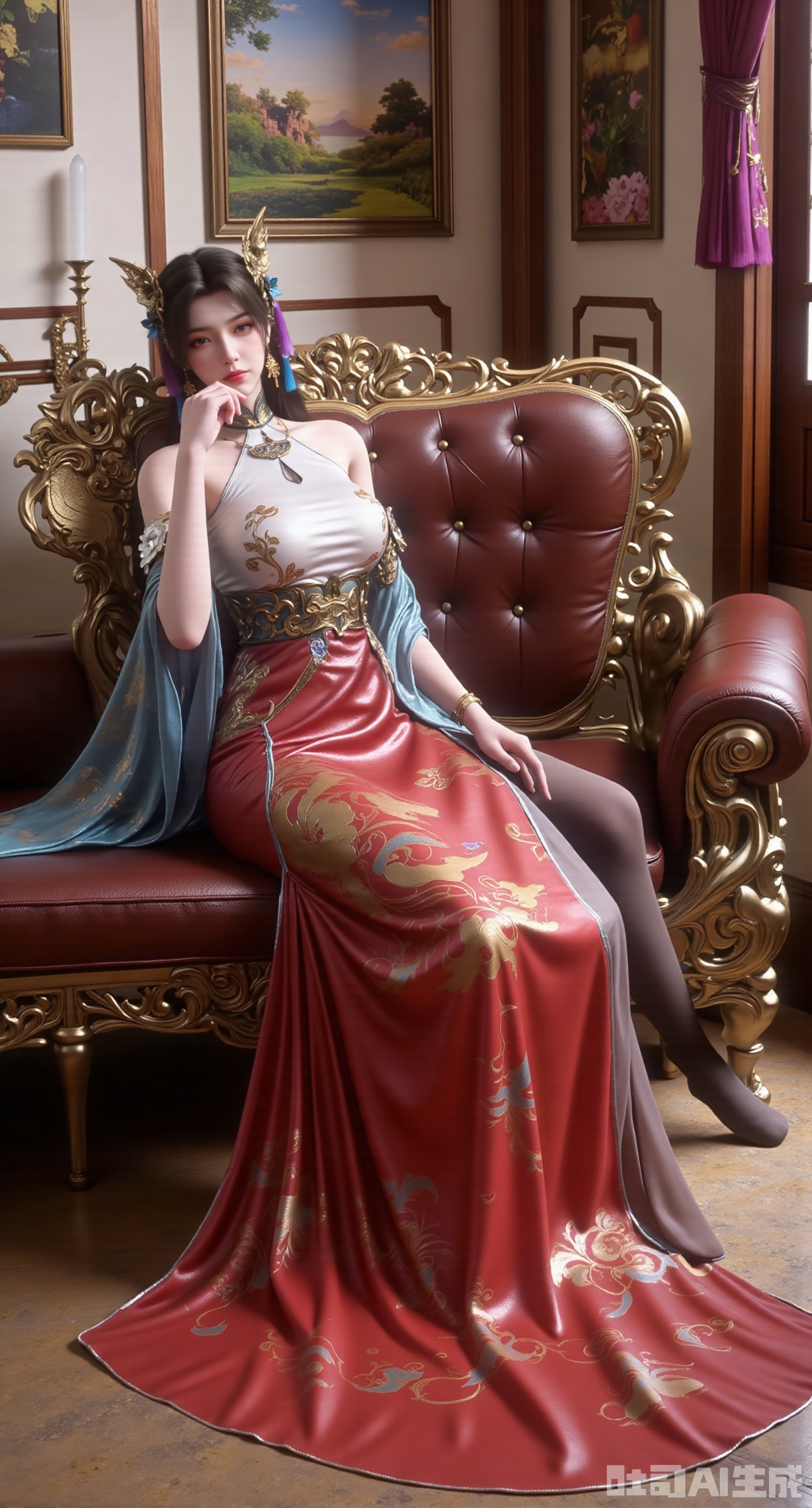(masterpiece, best quality:1.23)A long - legged ancient - style courtesan girl, half - lying on a carved mahogany couch in her boudoir. She is wearing a long skirt made of crimson sheer embroidered fabric, with lifelike golden phoenixes embroidered on the hem, as if about to take off. She drapes a semi - transparent cloud shoulder of the same color, with fine pearls attached to the edge. Her long, jet - black hair cascades down casually, with an emerald hairpin inserted obliquely. She wears ruby earrings. Her long and beautiful legs are wrapped in black stockings, making her even more alluring. Beside the couch is an exquisite dressing case filled with various jewelry. The boudoir is luxuriously decorated, with several landscape paintings hanging on the wall. Soft light filters in through the window, creating a lazy and charming atmosphere,(huge breasts, full breasts:2.98),XyunwangshuY,Xyanqingfei,Xbigbreasts,Xyingluo,XyunwangshuHF,XyinyueX