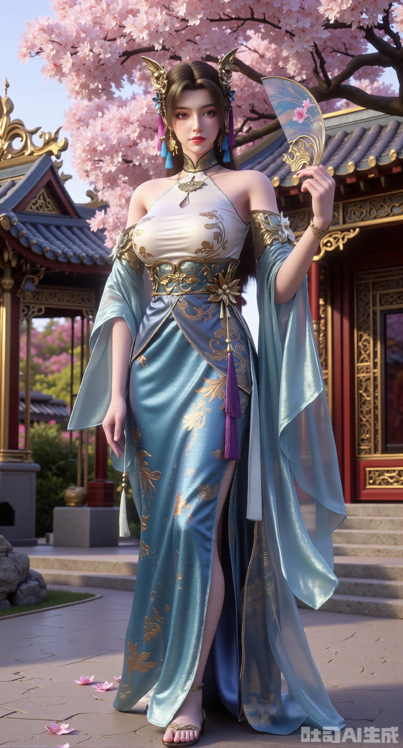 (masterpiece, best quality:1.23)A long - legged ancient - style courtesan girl, wearing a gorgeous and lightweight brocade ruqun. The hem of the skirt is embroidered with delicate peony patterns, with bright colors. She wears a semi - transparent gauze cape, fluttering in the wind. Her hair is combed into a complex bun, adorned with gold hairpins and pearl - jade headdresses, red ruby earrings on her ears, and a jade necklace around her neck. Holding a folding fan painted with orchids, standing in front of an antique pavilion, with a blooming peach tree behind her, showing a charming and amorous style,(huge breasts, full breasts:2.98),XyunwangshuY,Xyanqingfei,Xbigbreasts,Xyingluo,XyunwangshuHF,XyinyueX