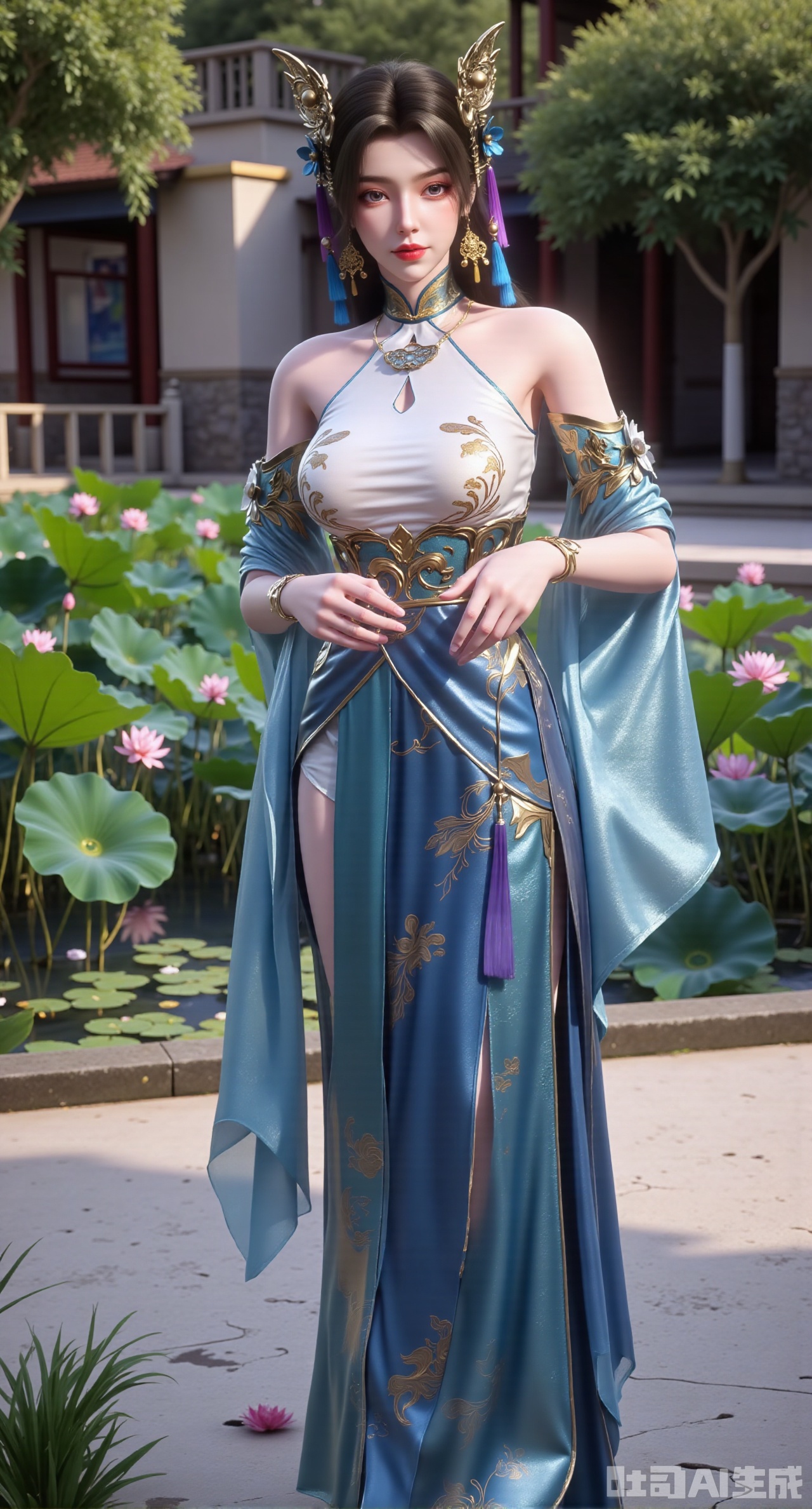 (masterpiece, best quality:1.23)A long - legged ancient - style courtesan girl, wearing a blue - and - white double - breasted long shirt paired with a mamian skirt. The long shirt is embroidered with elegant narcissus patterns, and the mamian skirt has delicate ruyi cloud patterns. She ties a silk sash around her waist, with tassels hanging down. Her hair is in double - loop buns, decorated with pink silk flowers, white jade earrings on her ears, and a jade ring on her hand. Standing by the lotus pond in the courtyard, as the breeze blows, the lotus leaves and the skirt hem flutter together, showing a fresh and refined style,(huge breasts, full breasts:2.98)XyunwangshuY,Xyanqingfei,Xbigbreasts,Xyingluo,XyunwangshuHF,XyinyueX