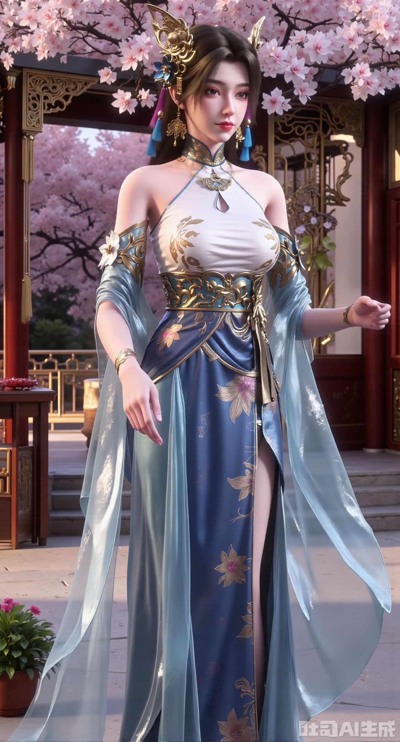 (masterpiece, best quality:1.23)A long - legged ancient - style courtesan girl, wearing a gorgeous and lightweight brocade ruqun. The hem of the skirt is embroidered with delicate peony patterns, with bright colors. She wears a semi - transparent gauze cape, fluttering in the wind. Her hair is combed into a complex bun, adorned with gold hairpins and pearl - jade headdresses, red ruby earrings on her ears, and a jade necklace around her neck. Holding a folding fan painted with orchids, standing in front of an antique pavilion, with a blooming peach tree behind her, showing a charming and amorous style,(huge breasts, full breasts:2.98),XyunwangshuY,Xyanqingfei,Xbigbreasts,Xyingluo,XyunwangshuHF,XyinyueX