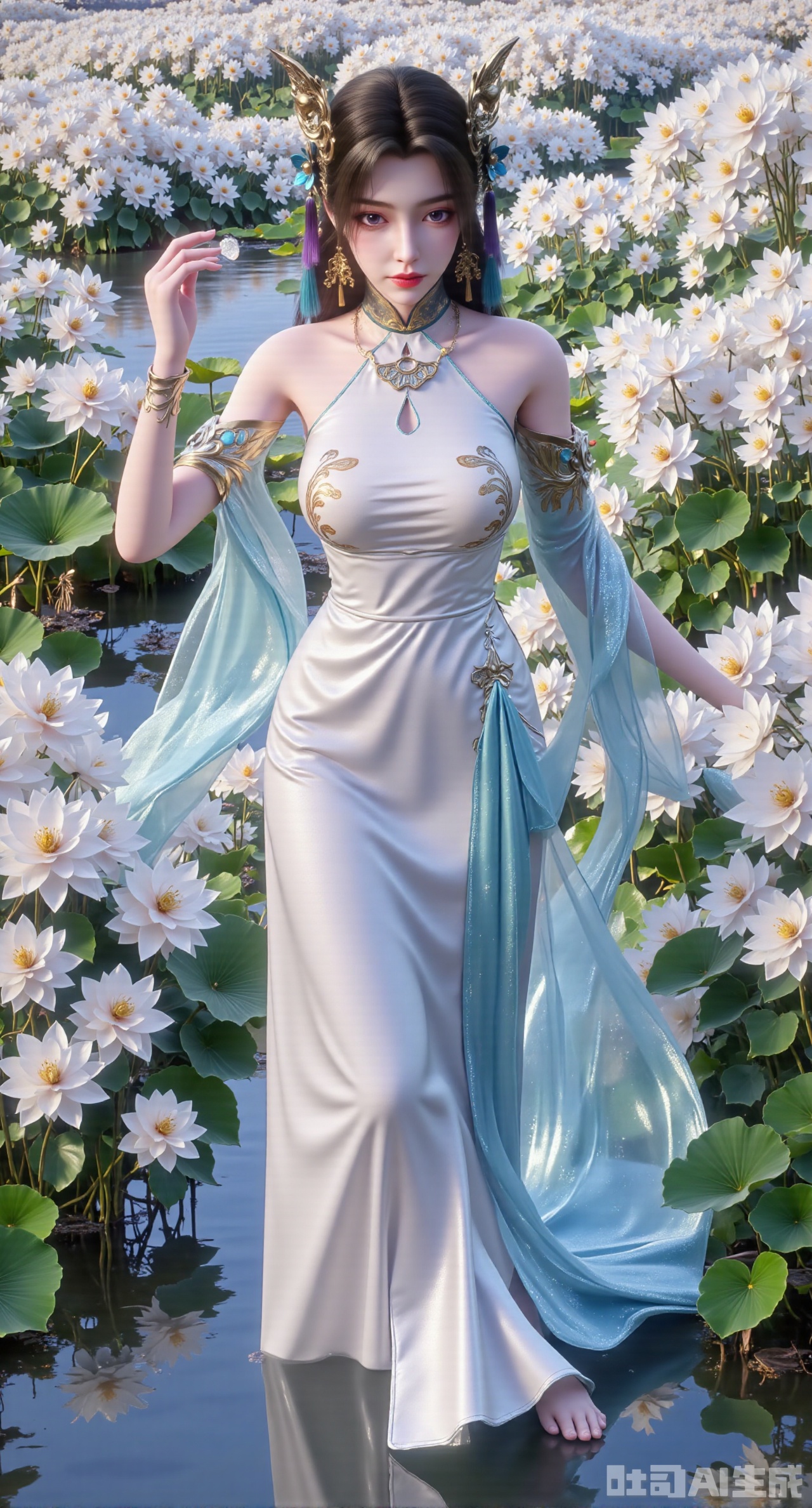 Barefoot,The best quality, ultra-high resolution, masterpiece, original, extremely fine wallpaper, perfect light effect, this is a digital illustration, vertical full-body portrait, densely packed with white flowers, creating a rich and textured background. In the center of the picture, a beautiful Chinese woman is in the white flowers, making her look like she is part of a garden full of flowers. The flowers around her add depth and sense of encirclement to the picture and enhance the layering of the composition. Her stunning white evening gown echoes the purity and elegance of the surrounding flowers. The woman was facing the camera, among the lush flowers, her eyes were charming and quiet. The dense floral background and capture of the woman's whole body highlight the exquisite fusion of human elegance and nature. The long black green hair is straight, the picture has blur and halo effects, and butterflies embellish it. She has an angel's beautiful face and a perfect female figure (a skirt composed of flowers, intensity coefficient, translucent body, transparent petals, glowing petals, gradient effect, contour light, particles, award-winning artwork. She has fair skin tone, fine black details and soft and flowing hair carefully combed to complex hair accessories, with gorgeous details. She is in a bright garden with gorgeous flowers, a blue sky, and deep and rich tones.), her head is decorated with exquisite and complex hair accessories, and some tulle fabrics naturally hang down, creating a dreamy feeling, exquisite and unique. The overall look shows the beauty and tenderness of a girl, just like a fairy in a fairy tale, exuding charm. This charming character is portrayed in a surreal style. She has elegant movements, and the overall style of this illustration is extremely delicate, focusing on the combination of realistic and fantasy elements.(Suzhou Garden Lotus Pond,pink lotus,green Lotus Leaf:1.39),(huge breasts:2.99), (full breasts:2.99),,XyunwangshuY,Xyanqingfei,Xbigbreasts,Xyingluo,XyunwangshuHF