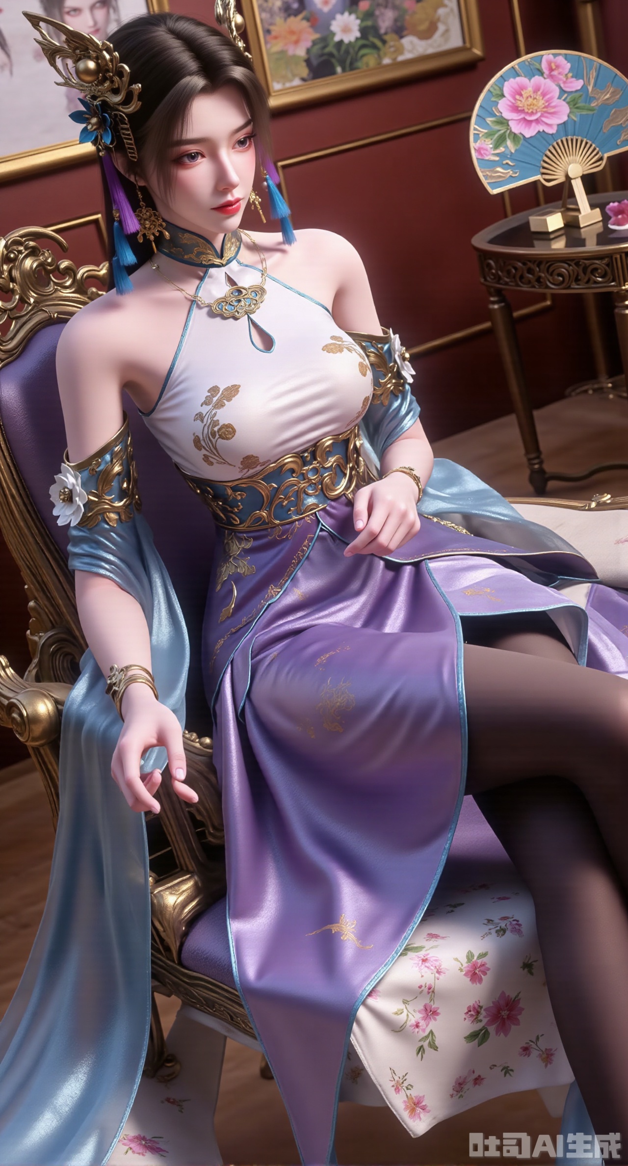 (masterpiece, best quality:1.23)A long - legged ancient - style courtesan girl is half - lying on a chaise longue in her boudoir. She is wearing a light - purple chest - high ruqun, with the skirt embroidered with blooming peonies using delicate silk threads, in colorful hues. A white gauze is draped over her shoulders, half - hidden. Her hair is combed into a high bun, adorned with gold hairpins with pendants that sway gracefully when she moves. The girl's slender legs are tightly wrapped in black stockings, highlighting her perfect leg shape. On the table beside is an exquisite round fan painted with orchids. The boudoir is filled with a light fragrance, and several paintings of ladies are hanging on the wall, permeating a strong classical atmosphere,(huge breasts, full breasts:2.98),XyunwangshuY,Xyanqingfei,Xbigbreasts,Xyingluo,XyunwangshuHF,XyinyueX