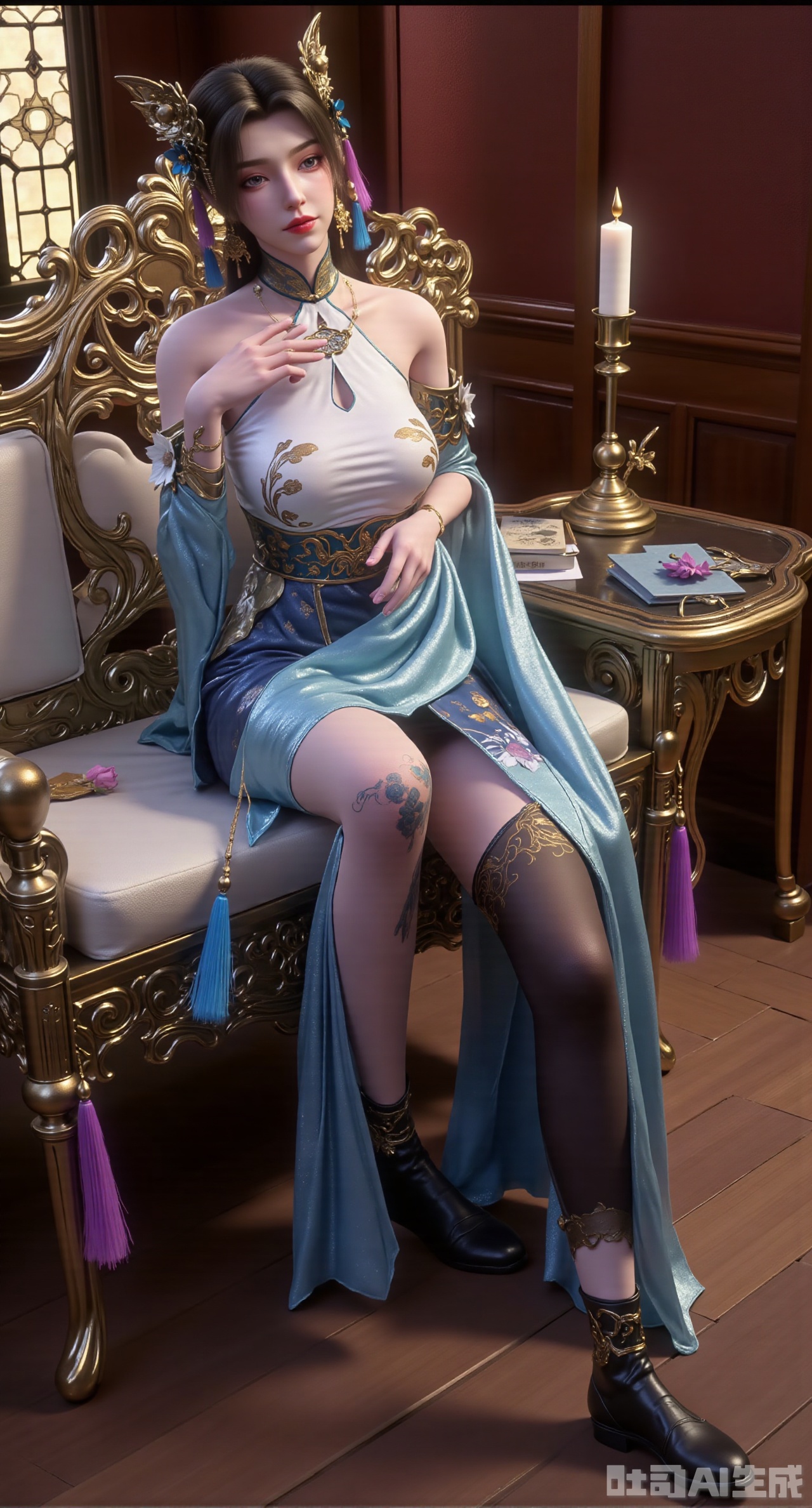 (masterpiece, best quality:1.23)A long - legged ancient - style courtesan girl is half - lying on a carved couch in her boudoir. She is wearing a lotus - root - colored short jacket paired with a mamian skirt. The short jacket is embroidered with delicate butterfly - loving - flower patterns, and the mamian skirt has blue sea - water and river - cliff patterns. She ties a pink silk ribbon, with a sachet hanging. Her hair is combed into double - spiral buns, decorated with golden flower ornaments. She wears sapphire earrings. The girl's long legs are wrapped in black stockings, making her even more sexy. On the table beside the couch are an oil lamp and several books, and a quiet scholarly atmosphere permeates the boudoir,(huge breasts, full breasts:2.98),XyunwangshuY,Xyanqingfei,Xbigbreasts,Xyingluo,XyunwangshuHF,XyinyueX