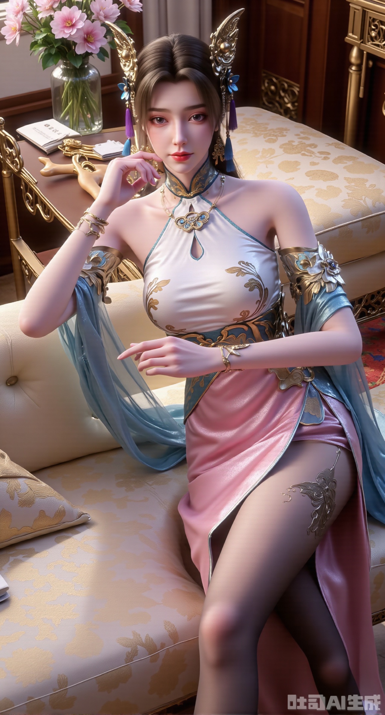 (masterpiece, best quality:1.23)In the boudoir, a long - legged ancient - style courtesan girl is lying on the soft brocade couch. She is wearing a light - pink chest - high ruqun, with the skirt embroidered with flying butterflies and blooming peach blossoms using delicate silk threads, with bright and charming colors. She wears a white gauze over it, half - revealing the skirt inside. Her hair is combed into double - loop buns, decorated with pink silk flowers and pearl hair accessories, looking cute and playful. She wears sapphire earrings and a necklace inlaid with jade around her neck. Her long and straight legs are covered in black stockings, stretching lazily. Beside the brocade couch, on the low table, is a pipa, and the strings have a faint luster. The window of the boudoir is half - open, and the breeze blows the curtain, bringing a touch of freshness, intertwined with the rich fragrance of cosmetics in the room,(huge breasts, full breasts:2.98),XyunwangshuY,Xyanqingfei,Xbigbreasts,Xyingluo,XyunwangshuHF,XyinyueX