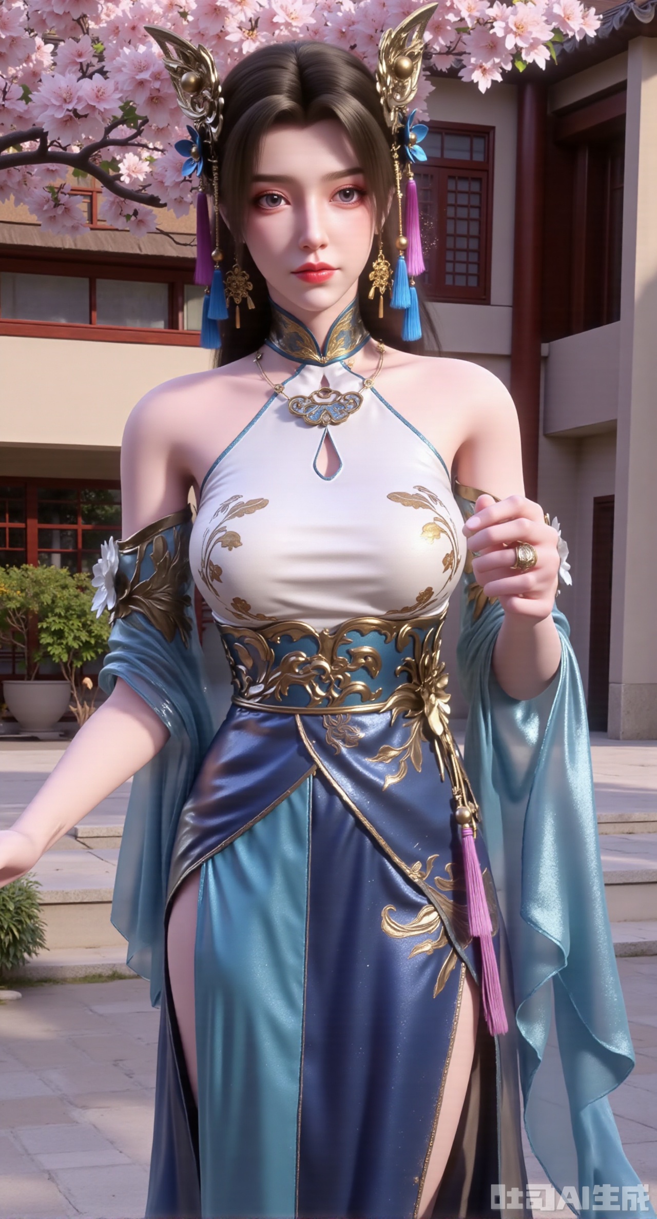 (masterpiece, best quality:1.23)A long - legged ancient - style courtesan girl, wearing a lotus - root - colored short jacket paired with a mamian skirt. The short jacket is embroidered with delicate butterfly - loving - flower patterns, and the mamian skirt has blue sea - water and river - cliff patterns. She ties a pink silk ribbon, with a sachet hanging. Her hair is in double - spiral buns, decorated with golden flower ornaments, sapphire earrings on her ears, and a lapis lazuli ring on her hand. Standing in an elegant courtyard, the crabapple flowers in the courtyard are in bloom, reflecting her beauty,(huge breasts, full breasts:2.98),XyunwangshuY,Xyanqingfei,Xbigbreasts,Xyingluo,XyunwangshuHF,XyinyueX