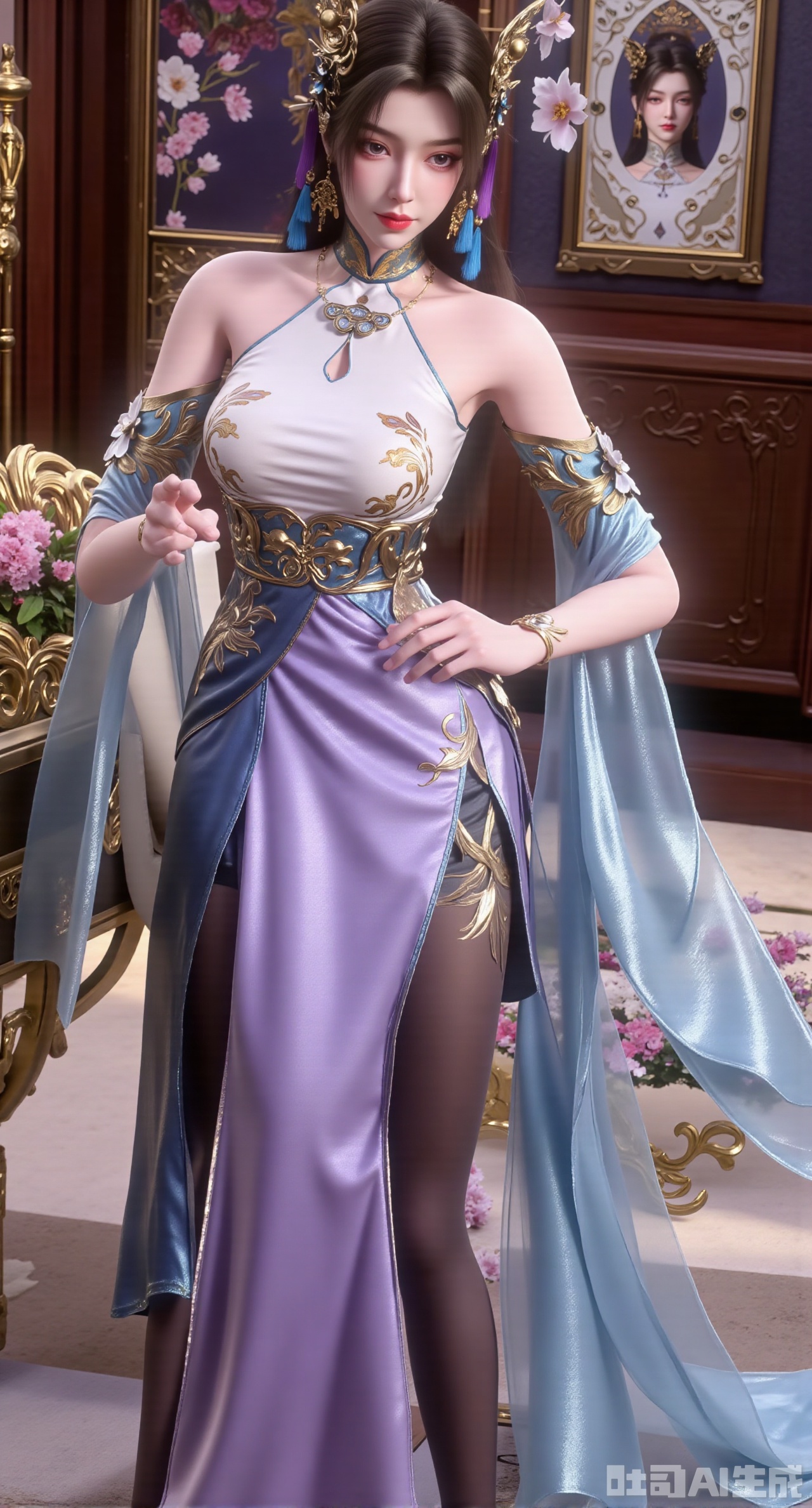 (masterpiece, best quality:1.23)A long - legged ancient - style courtesan girl is half - lying on a chaise longue in her boudoir. She is wearing a light - purple chest - high ruqun, with the skirt embroidered with blooming peonies using delicate silk threads, in colorful hues. A white gauze is draped over her shoulders, half - hidden. Her hair is combed into a high bun, adorned with gold hairpins with pendants that sway gracefully when she moves. The girl's slender legs are tightly wrapped in black stockings, highlighting her perfect leg shape. On the table beside is an exquisite round fan painted with orchids. The boudoir is filled with a light fragrance, and several paintings of ladies are hanging on the wall, permeating a strong classical atmosphere,(huge breasts, full breasts:2.98),XyunwangshuY,Xyanqingfei,Xbigbreasts,Xyingluo,XyunwangshuHF,XyinyueX