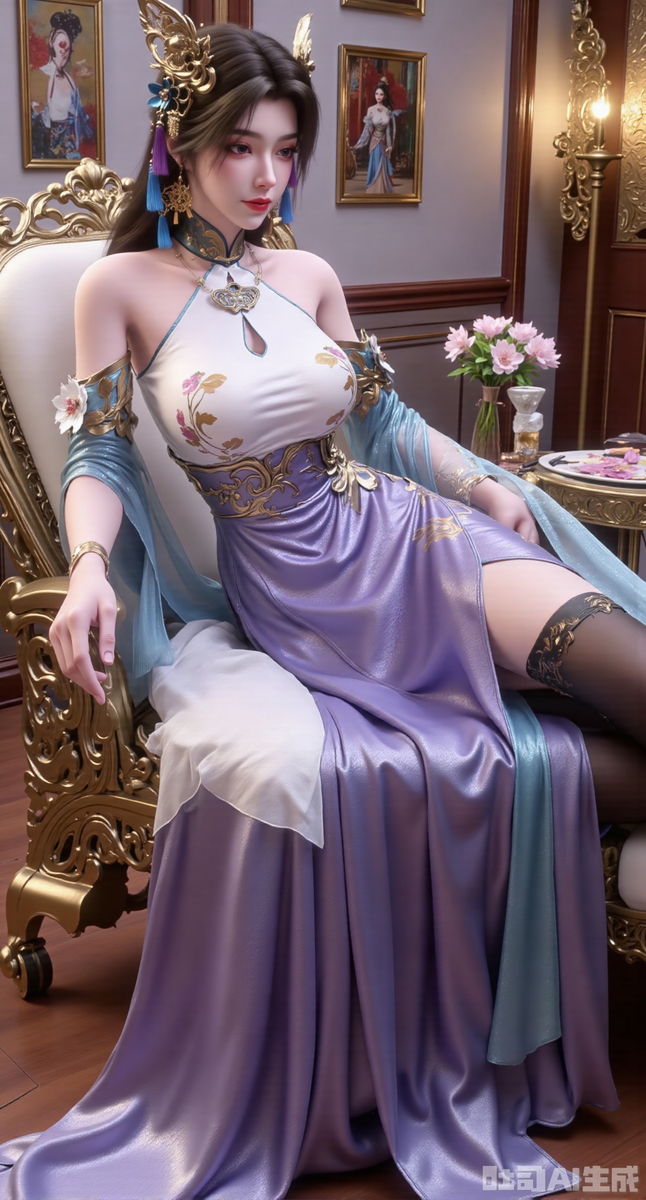(masterpiece, best quality:1.23)A long - legged ancient - style courtesan girl is half - lying on a chaise longue in her boudoir. She is wearing a light - purple chest - high ruqun, with the skirt embroidered with blooming peonies using delicate silk threads, in colorful hues. A white gauze is draped over her shoulders, half - hidden. Her hair is combed into a high bun, adorned with gold hairpins with pendants that sway gracefully when she moves. The girl's slender legs are tightly wrapped in black stockings, highlighting her perfect leg shape. On the table beside is an exquisite round fan painted with orchids. The boudoir is filled with a light fragrance, and several paintings of ladies are hanging on the wall, permeating a strong classical atmosphere,(huge breasts, full breasts:2.98),XyunwangshuY,Xyanqingfei,Xbigbreasts,Xyingluo,XyunwangshuHF,XyinyueX