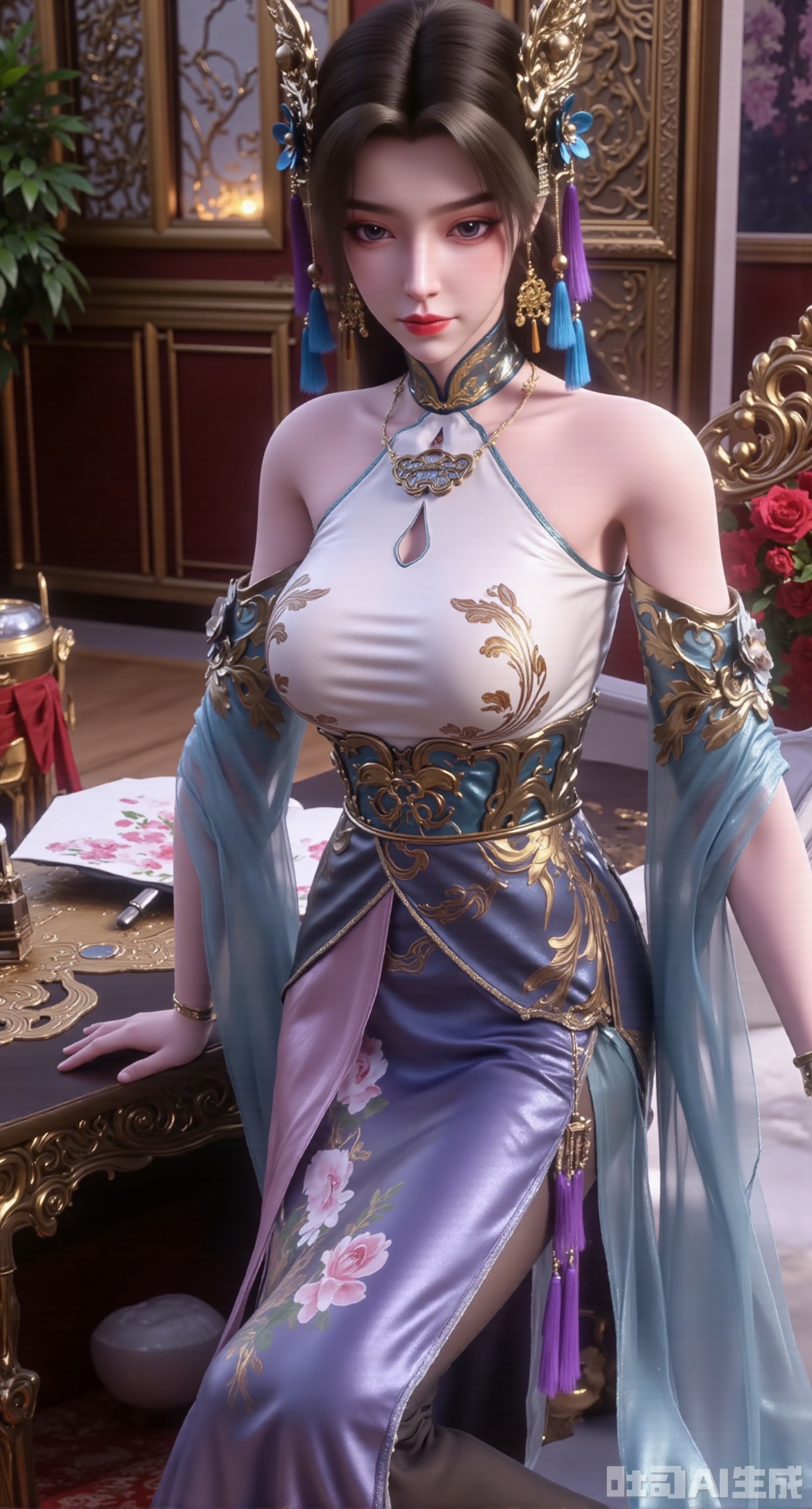 (masterpiece, best quality:1.23)A long - legged ancient - style courtesan girl is half - lying on a chaise longue in her boudoir. She is wearing a light - purple chest - high ruqun, with the skirt embroidered with blooming peonies using delicate silk threads, in colorful hues. A white gauze is draped over her shoulders, half - hidden. Her hair is combed into a high bun, adorned with gold hairpins with pendants that sway gracefully when she moves. The girl's slender legs are tightly wrapped in black stockings, highlighting her perfect leg shape. On the table beside is an exquisite round fan painted with orchids. The boudoir is filled with a light fragrance, and several paintings of ladies are hanging on the wall, permeating a strong classical atmosphere,(huge breasts, full breasts:2.98),XyunwangshuY,Xyanqingfei,Xbigbreasts,Xyingluo,XyunwangshuHF,XyinyueX