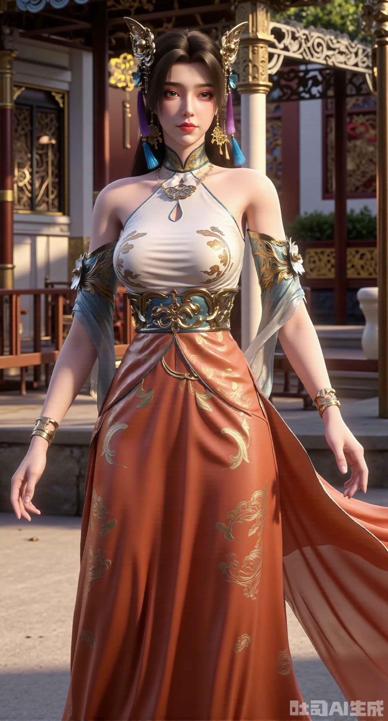 (masterpiece, best quality:1.23)A long - legged ancient - style courtesan girl, wearing an orange - red beizi paired with a pleated skirt. The beizi is embroidered with delicate cloud patterns and auspicious beast patterns, and the pleated skirt has fine creases. She ties a golden belt, with jade pendants hanging. Her hair is coiled into a spirit - snake - shaped bun, adorned with coral hairpins, and wearing a cat's - eye stone necklace and a jade bracelet. Standing in front of a pavilion with carved railings and painted beams, the sunlight shines down, outlining her graceful figure,(huge breasts, full breasts:2.98),XyunwangshuY,Xyanqingfei,Xbigbreasts,Xyingluo,XyunwangshuHF,XyinyueX