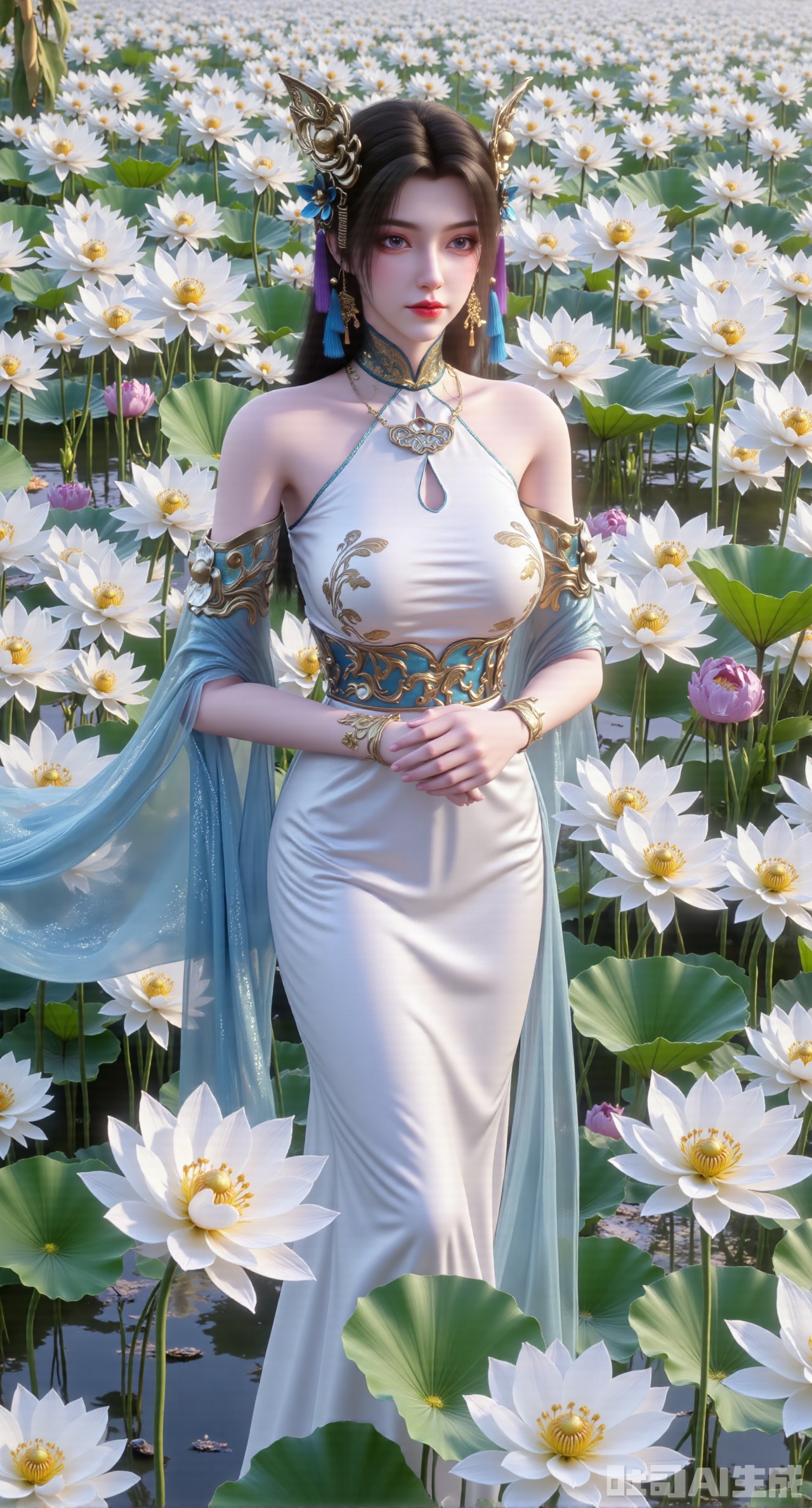 Barefoot,The best quality, ultra-high resolution, masterpiece, original, extremely fine wallpaper, perfect light effect, this is a digital illustration, vertical full-body portrait, densely packed with white flowers, creating a rich and textured background. In the center of the picture, a beautiful Chinese woman is in the white flowers, making her look like she is part of a garden full of flowers. The flowers around her add depth and sense of encirclement to the picture and enhance the layering of the composition. Her stunning white evening gown echoes the purity and elegance of the surrounding flowers. The woman was facing the camera, among the lush flowers, her eyes were charming and quiet. The dense floral background and capture of the woman's whole body highlight the exquisite fusion of human elegance and nature. The long black green hair is straight, the picture has blur and halo effects, and butterflies embellish it. She has an angel's beautiful face and a perfect female figure (a skirt composed of flowers, intensity coefficient, translucent body, transparent petals, glowing petals, gradient effect, contour light, particles, award-winning artwork. She has fair skin tone, fine black details and soft and flowing hair carefully combed to complex hair accessories, with gorgeous details. She is in a bright garden with gorgeous flowers, a blue sky, and deep and rich tones.), her head is decorated with exquisite and complex hair accessories, and some tulle fabrics naturally hang down, creating a dreamy feeling, exquisite and unique. The overall look shows the beauty and tenderness of a girl, just like a fairy in a fairy tale, exuding charm. This charming character is portrayed in a surreal style. She has elegant movements, and the overall style of this illustration is extremely delicate, focusing on the combination of realistic and fantasy elements.(Suzhou Garden Lotus Pond,pink lotus,green Lotus Leaf:1.39),(huge breasts:2.99), (full breasts:2.99),,XyunwangshuY,Xyanqingfei,Xbigbreasts,Xyingluo,XyunwangshuHF