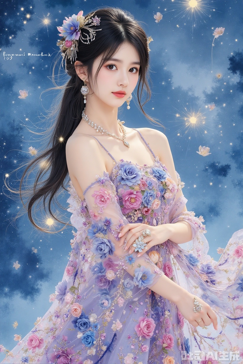 1girl, Pearl dress, sparkling, glowing, jewelry,long hair, earrings,Blue background, ,colorful pearl cloak fluttering,looking at viewer,From a side
,soft lights,rose dress,ink Wash Painting,rose dress,flower dress,elegant charm,jinbo, elegant,beauty.